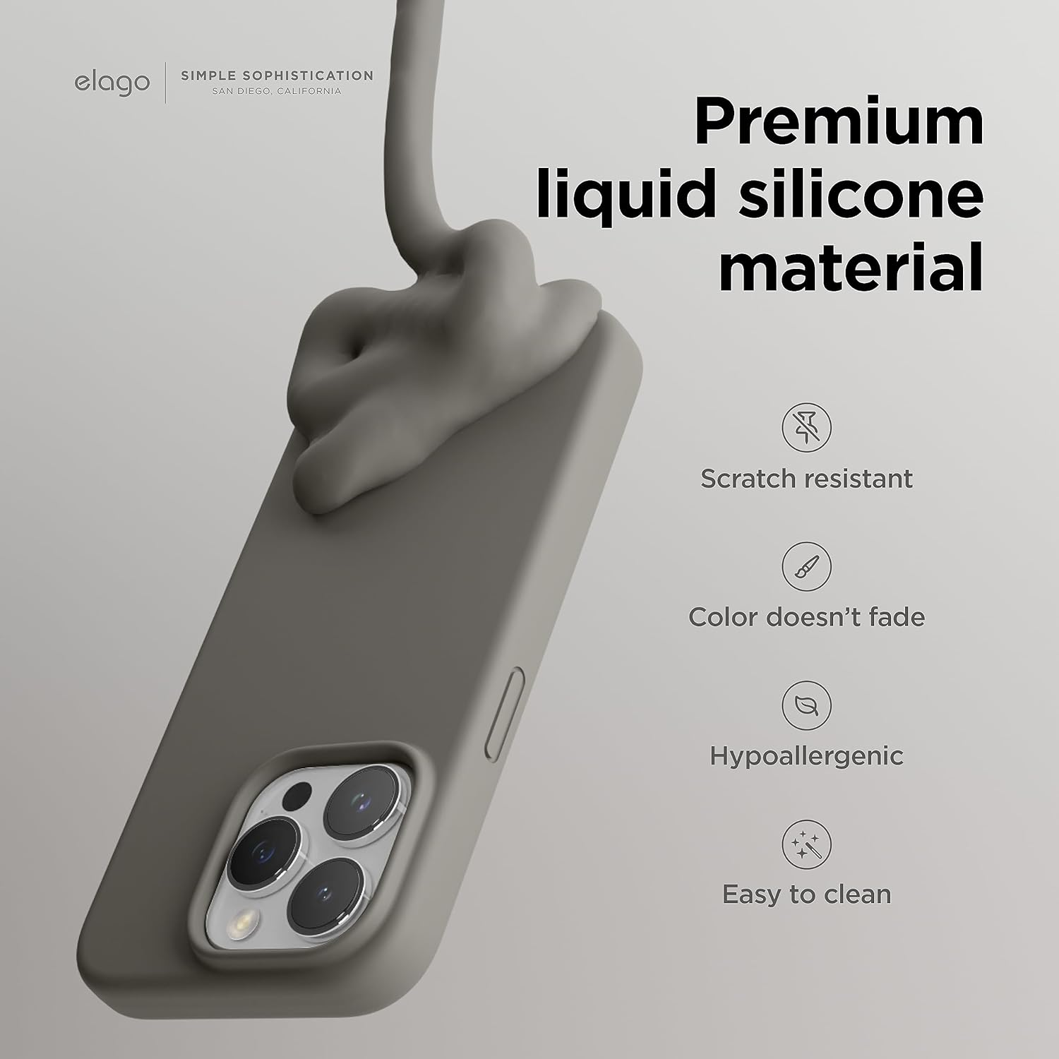 Thumbnail 2 de Coque elago Silicone Liquide compatible iPhone 15 Pro — structure antichoc 4 couches, microfibre anti-rayures (gris moyen)