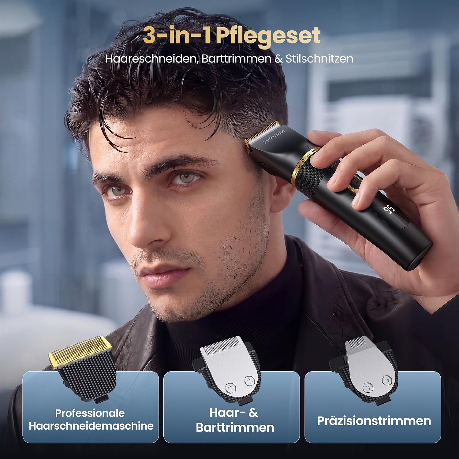 Detalle 2 de Jack&Rose 3-in-1 Haarschneidemaschine Kabellos mit Keramikklinge – Profi-Set für Zuhause