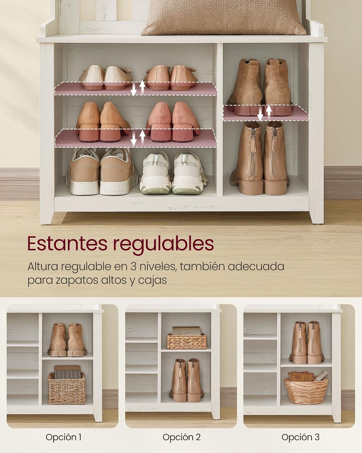 Detalle 2 de VASAGLE HELAN HSR414W01 Coat Rack with Shoe Bench, Adjustable Shelves