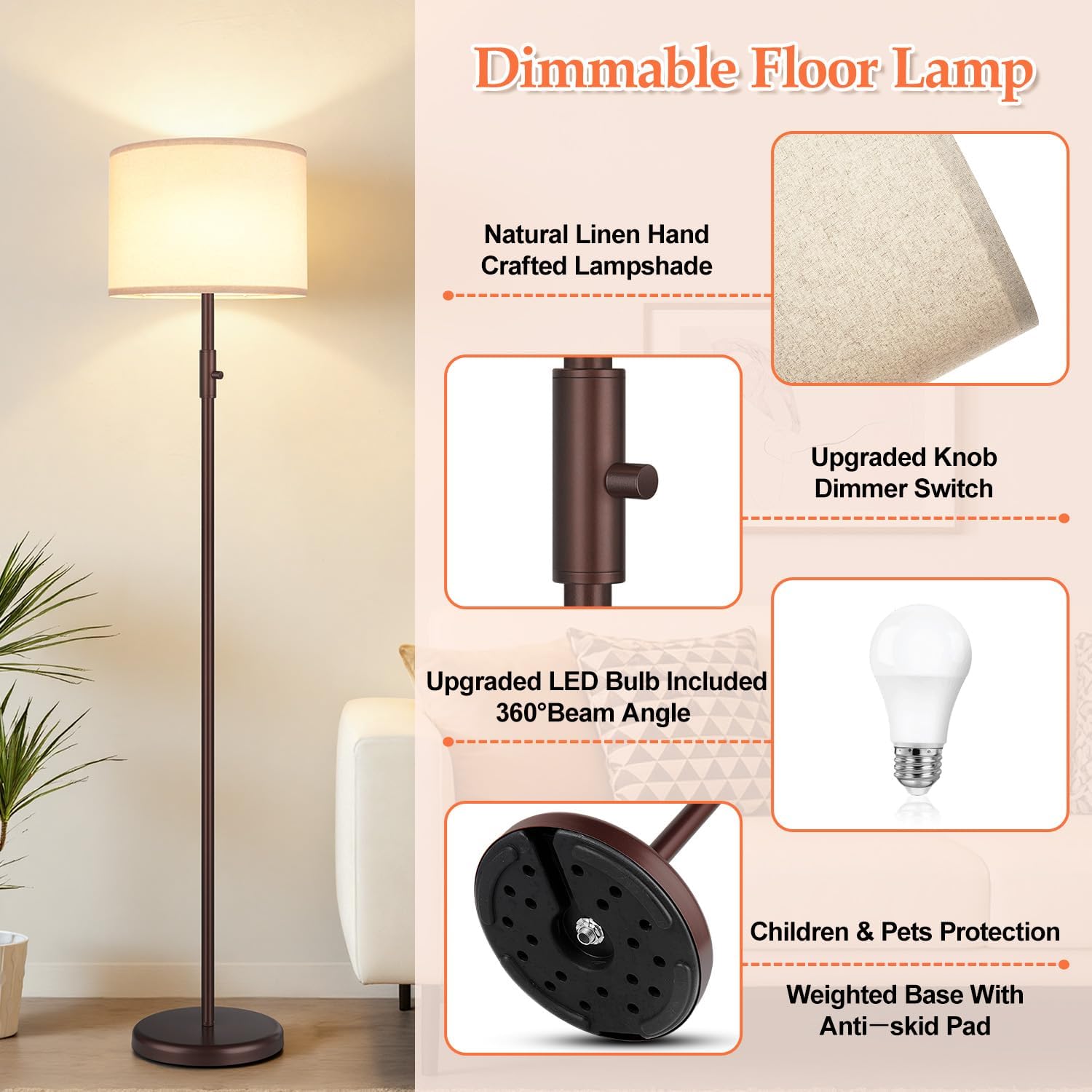 Detalle 2 de Yemela Dimmable Floor Lamp with Linen Shade, Stepless Brightness, Brown