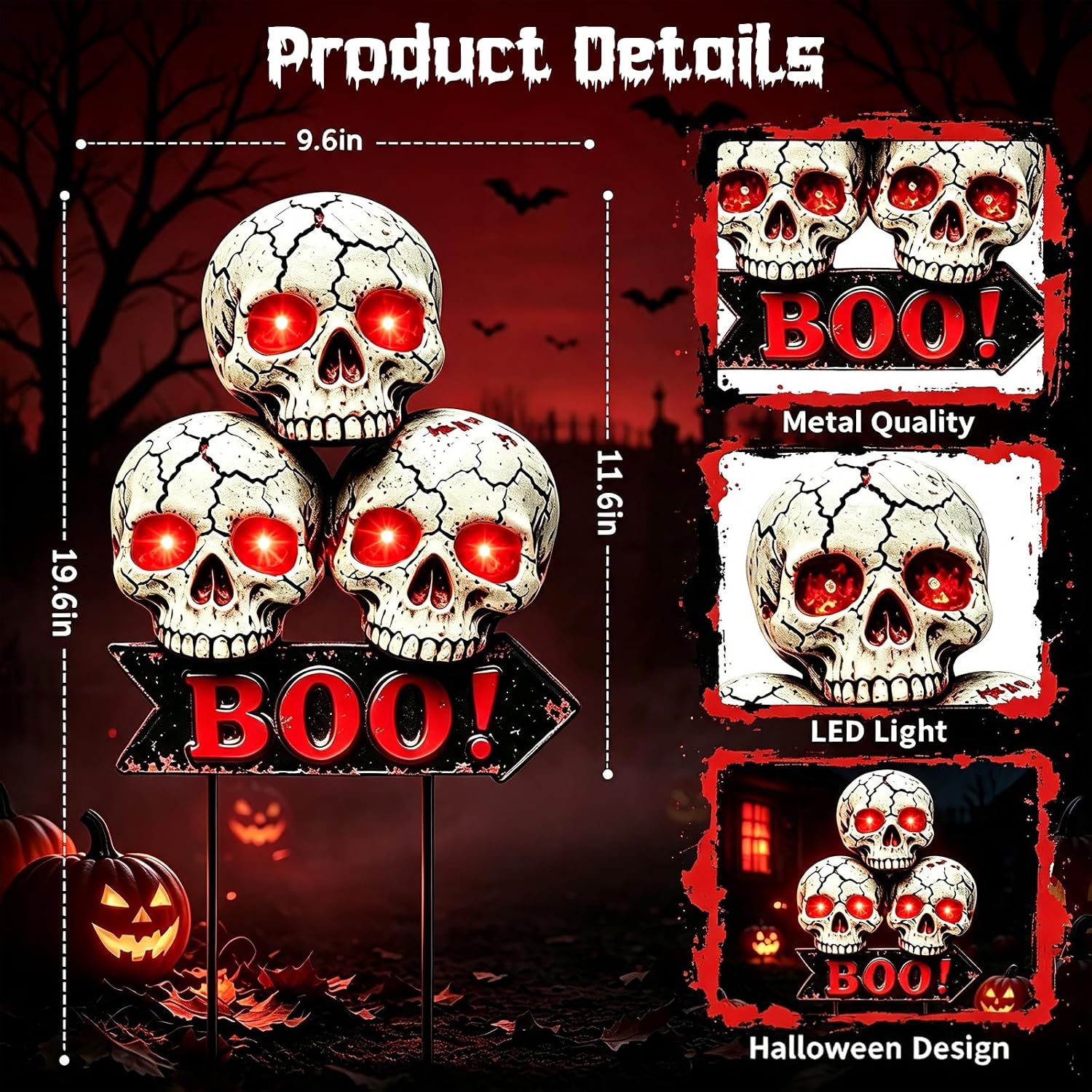 Detalle 2 de yulloyello LL-WSSTKL-1P Solar Halloween Skull Garden Stake with Red LED Eyes