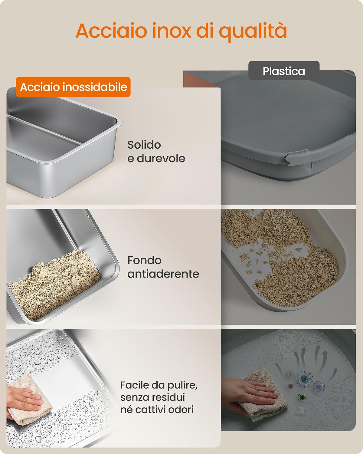 Detalle de Feandrea Lettiera per Gatti in Acciaio Inox con Coperchio: lettiera chiusa, 2 ingressi e kit completo