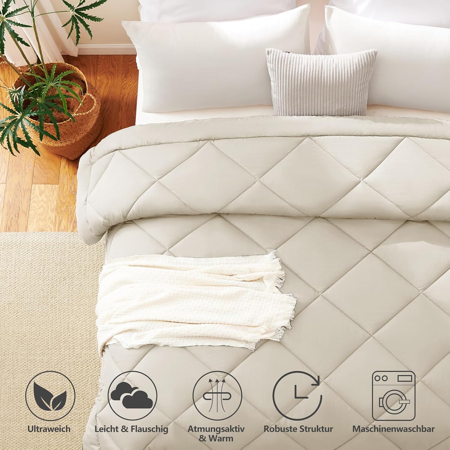 Detalle 2 de CozyLux Bettdecke 135x200 für 4 Jahreszeiten – Mikrofaserfüllung 300 g/m², OEKO-TEX 100, 4 Eckschlaufen, Beige