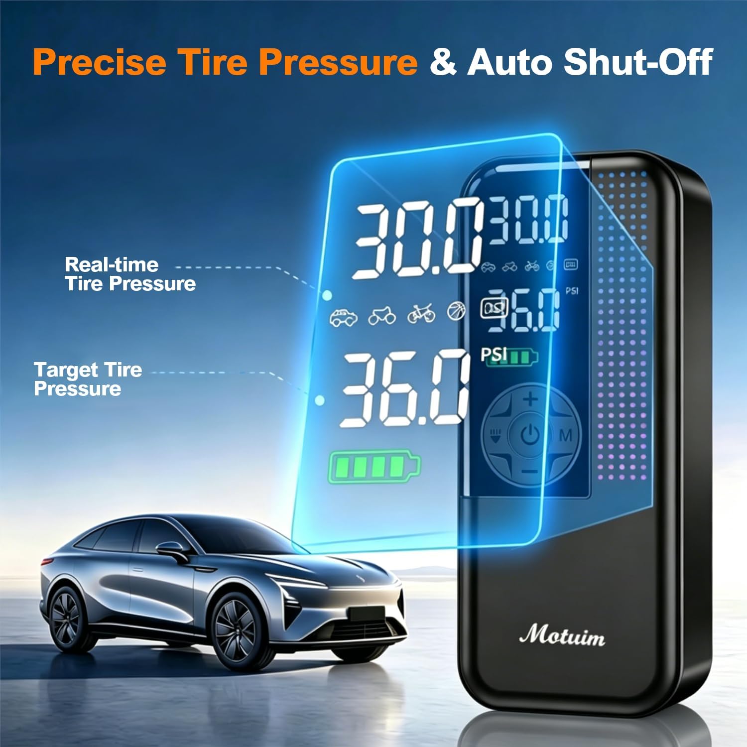 Thumbnail 2 de Motuim Cordless Car Tyre Inflator Air Compressor, 150 PSI – Portable Rechargeable Tyre Pump