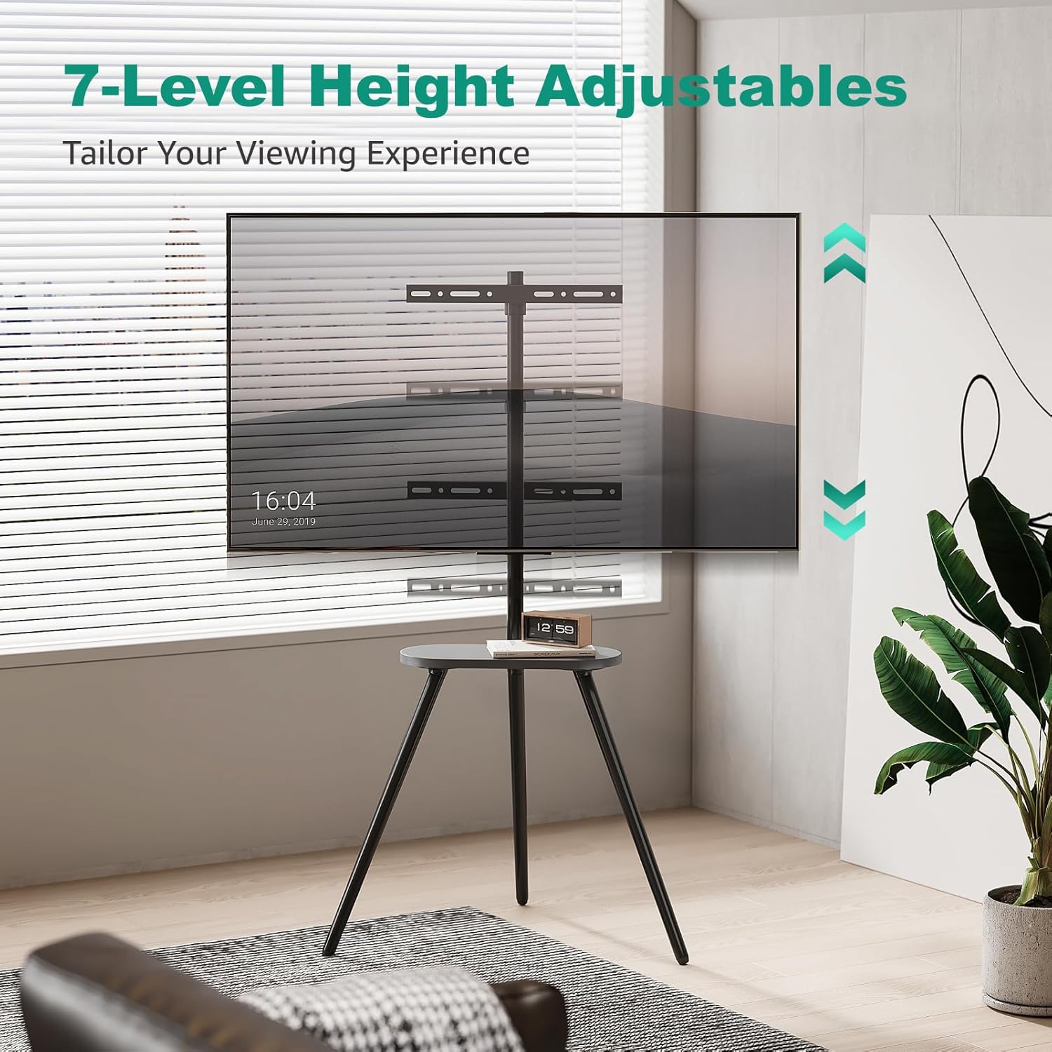 Thumbnail 3 de ECOTINY Metal Leg Tripod TV Stand for 43–65 Inch TVs with Wood Shelf, Height Adjustable Swivel, Black