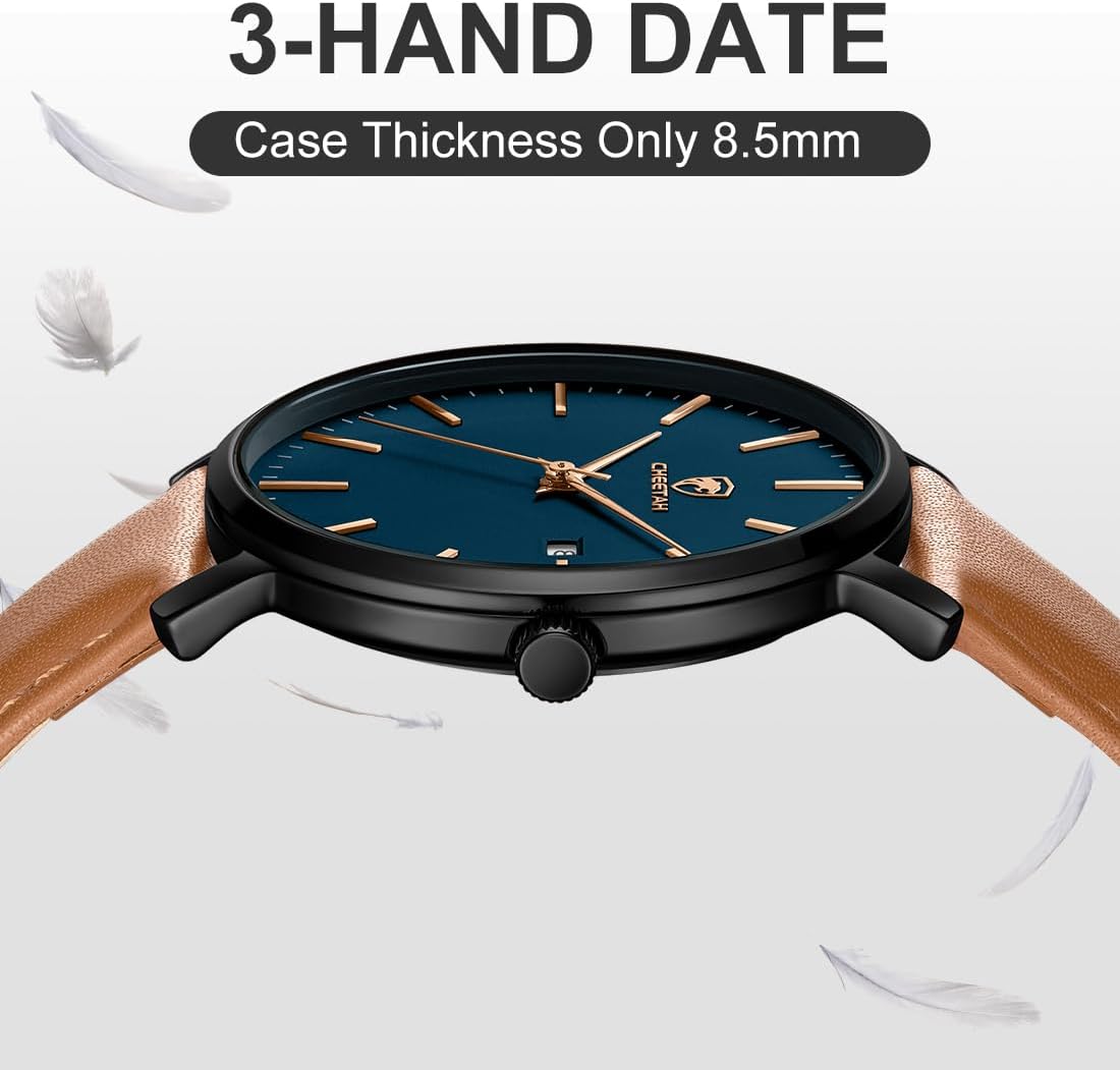 Detalle de CHEETAH Minimalistische Herren-Uhr mit Quarzwerk, Lederarmband und Datumsanzeige (3 ATM)