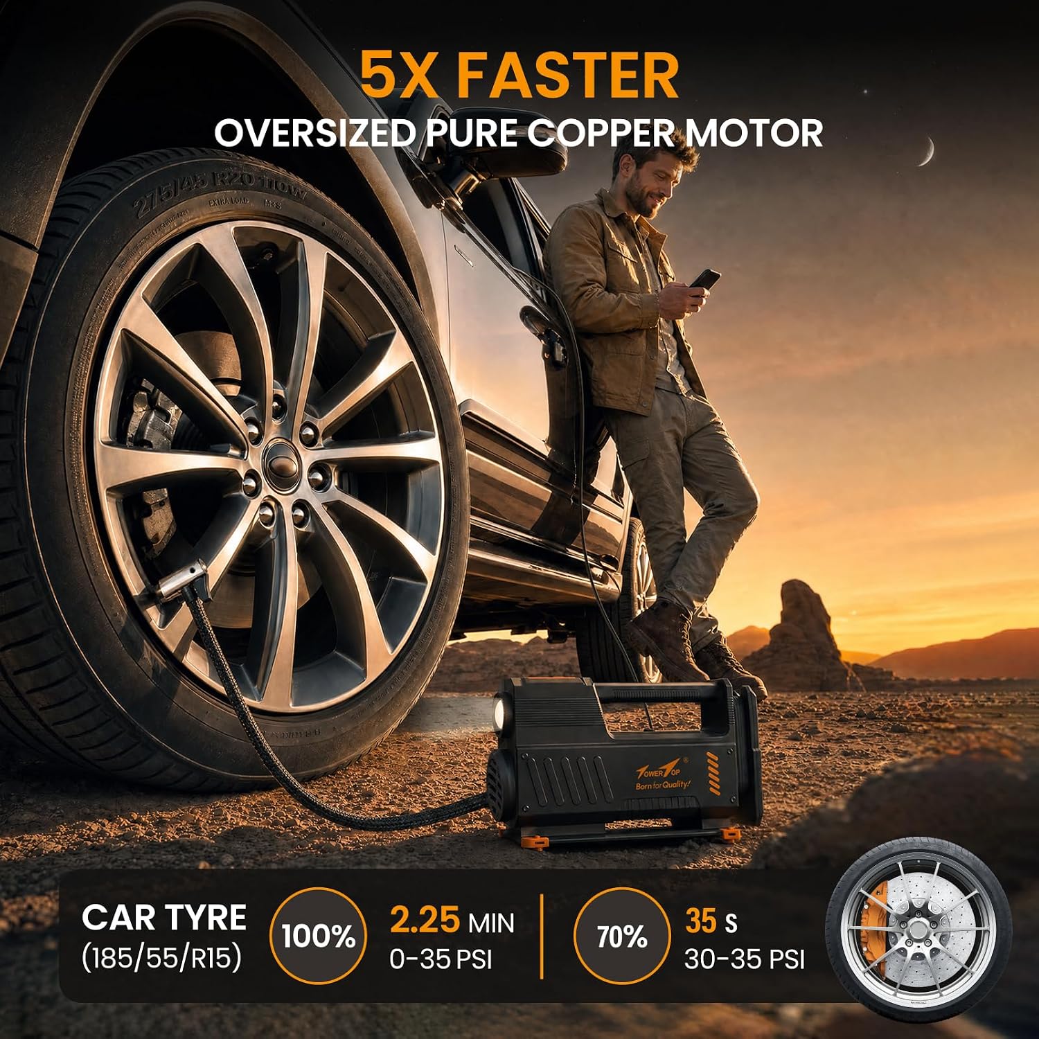 Thumbnail 1 de TowerTop Tyre Inflator Air Compressor: 5X Faster, 12V Car Tyre Pump with Auto-Stop, LED Torch and Memory