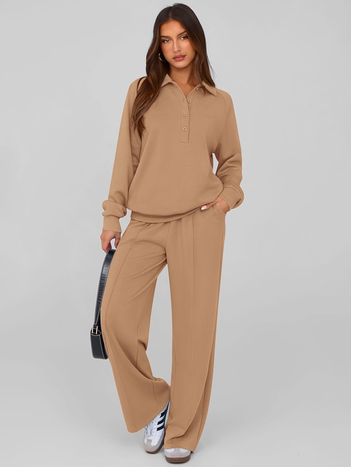 Detalle de PRETTYGARDEN Women Fall 2 Piece Outfits Sweatsuit (Quarter Button Long Sleeve Sweatshirt & Wide Leg Pants)