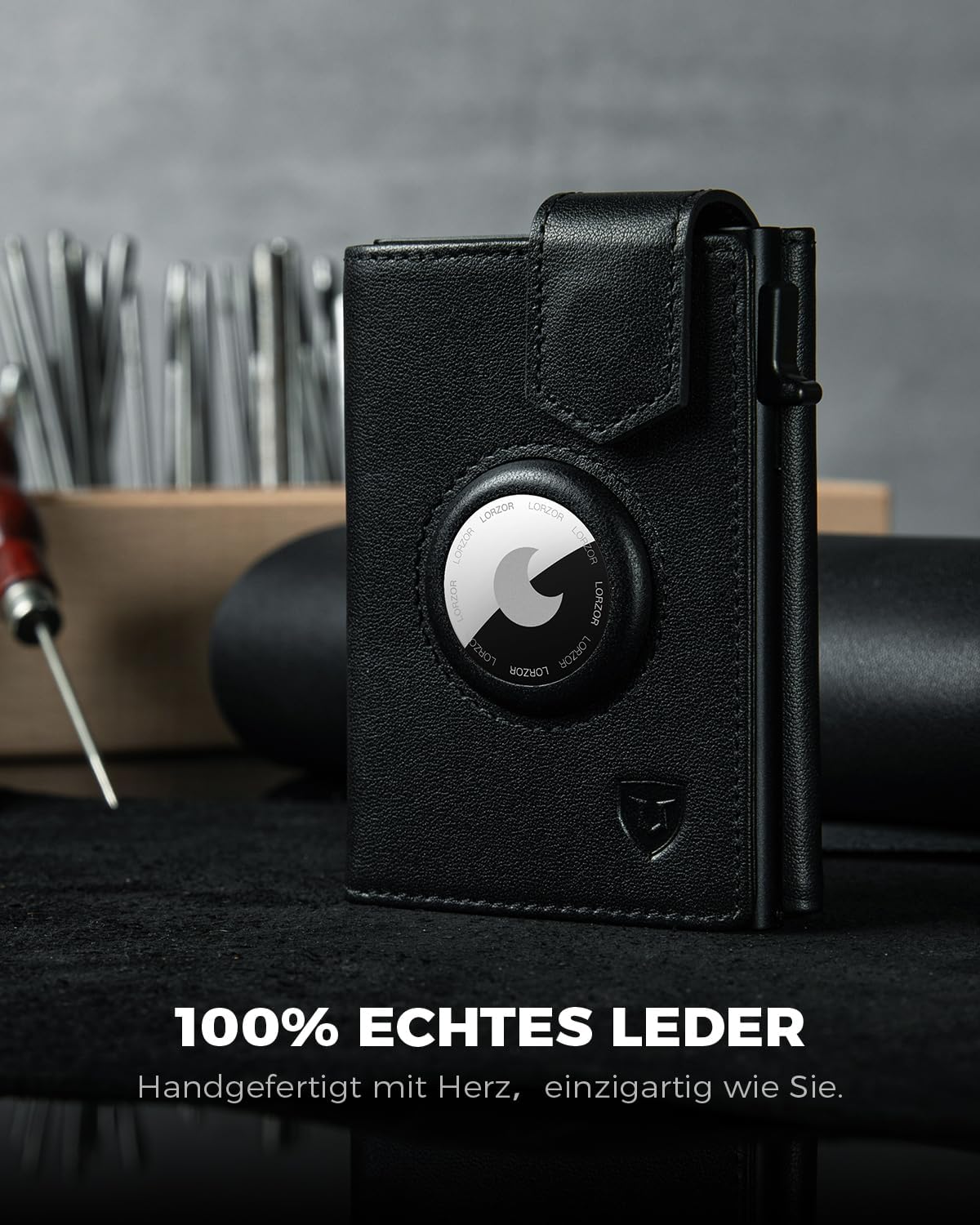 Thumbnail 3 de LORZOR Design für AirTag Wallet – schlanke Herren-Slim-Wallet aus Leder mit Münzfach, RFID-Blocker & Platz für 10 Karten (schwarz)