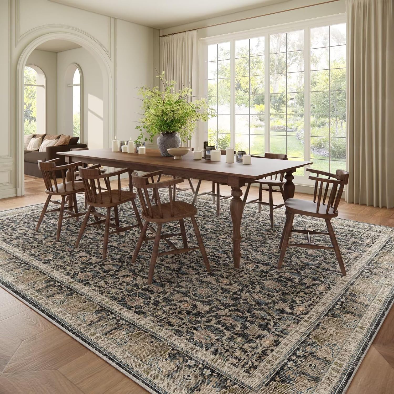 Thumbnail 2 de Washable 10x14 Area Rugs for Living Room, Boho Non-Slip Vintage Distress Rug (Neutral Oriental, Thin 0.3")