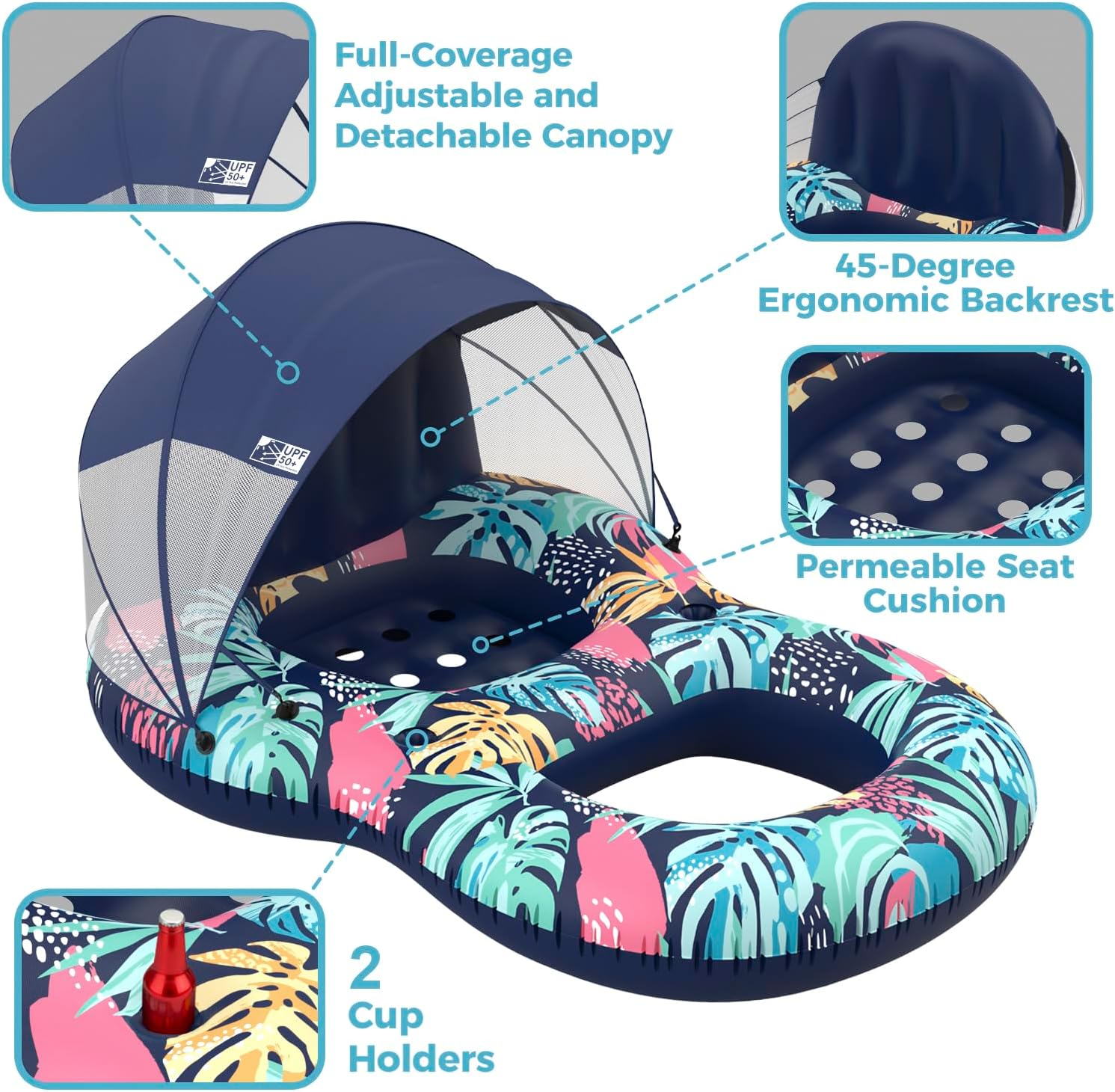 Detalle de POVRYE Pool Floats Adult with UPF 50+ Sunshade Canopy – Wide, Comfy Lounger with Cup Holders