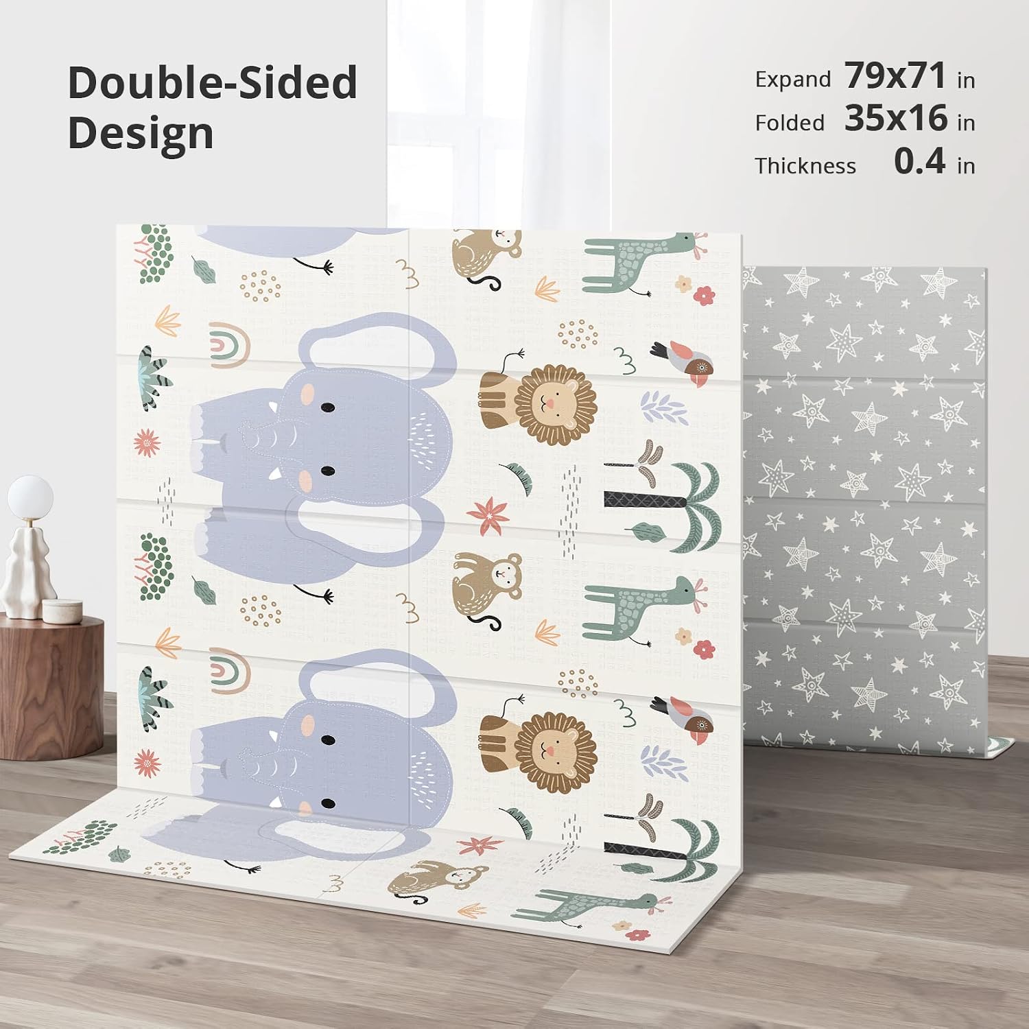 Detalle de NOONKTY 79 x 71-Inch Baby Play Mat, Foldable XPE Foam, Waterproof, Double-Sided
