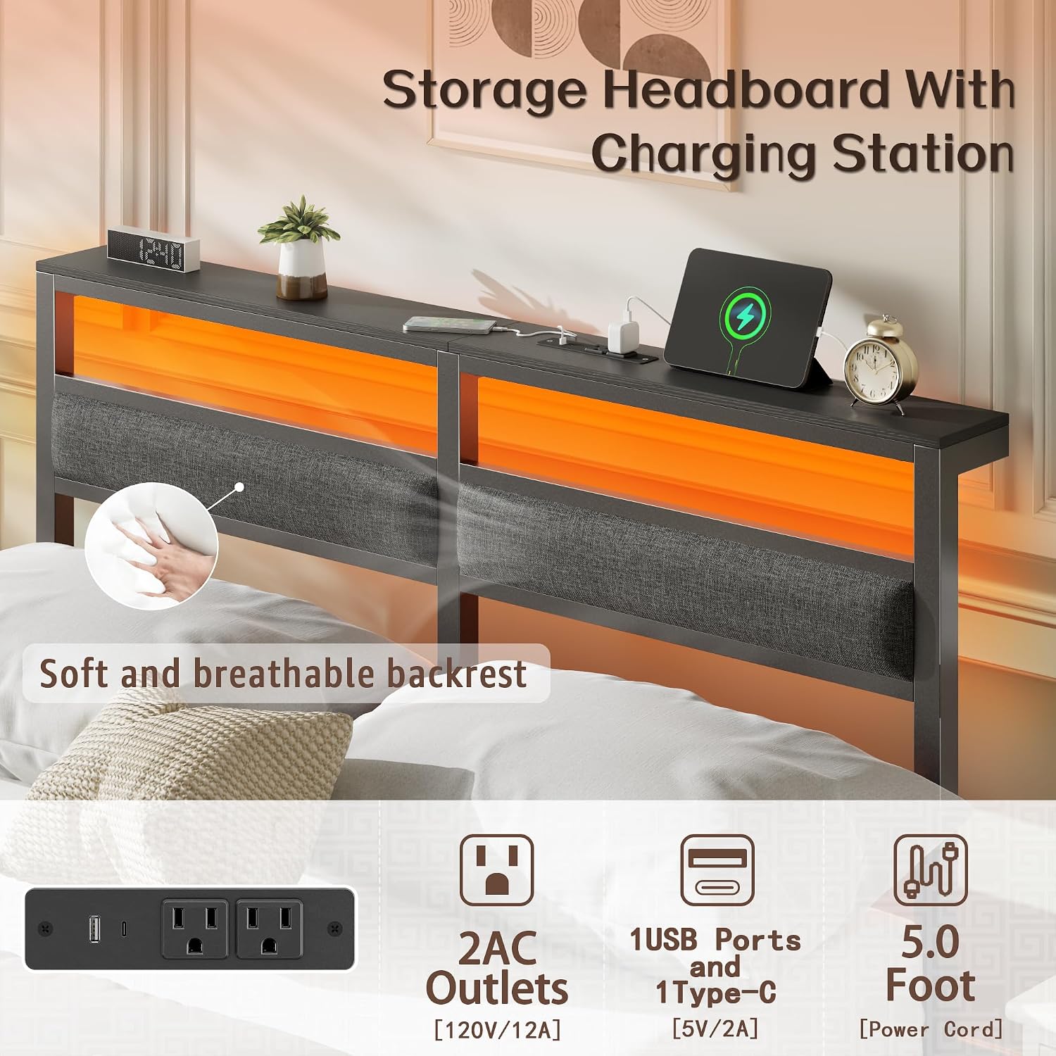 Thumbnail 4 de OURPIC BF019 Full Size Platform Bed Frame with RGB LEDs, Charging & Storage