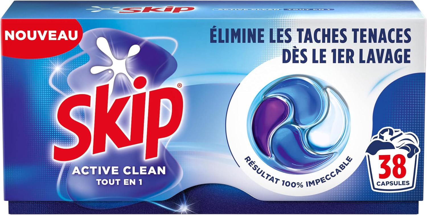 Detalle de Skip Capsule Lessive Tout en 1 Active Clean – Élimine les taches dès le premier lavage (38 lavages)