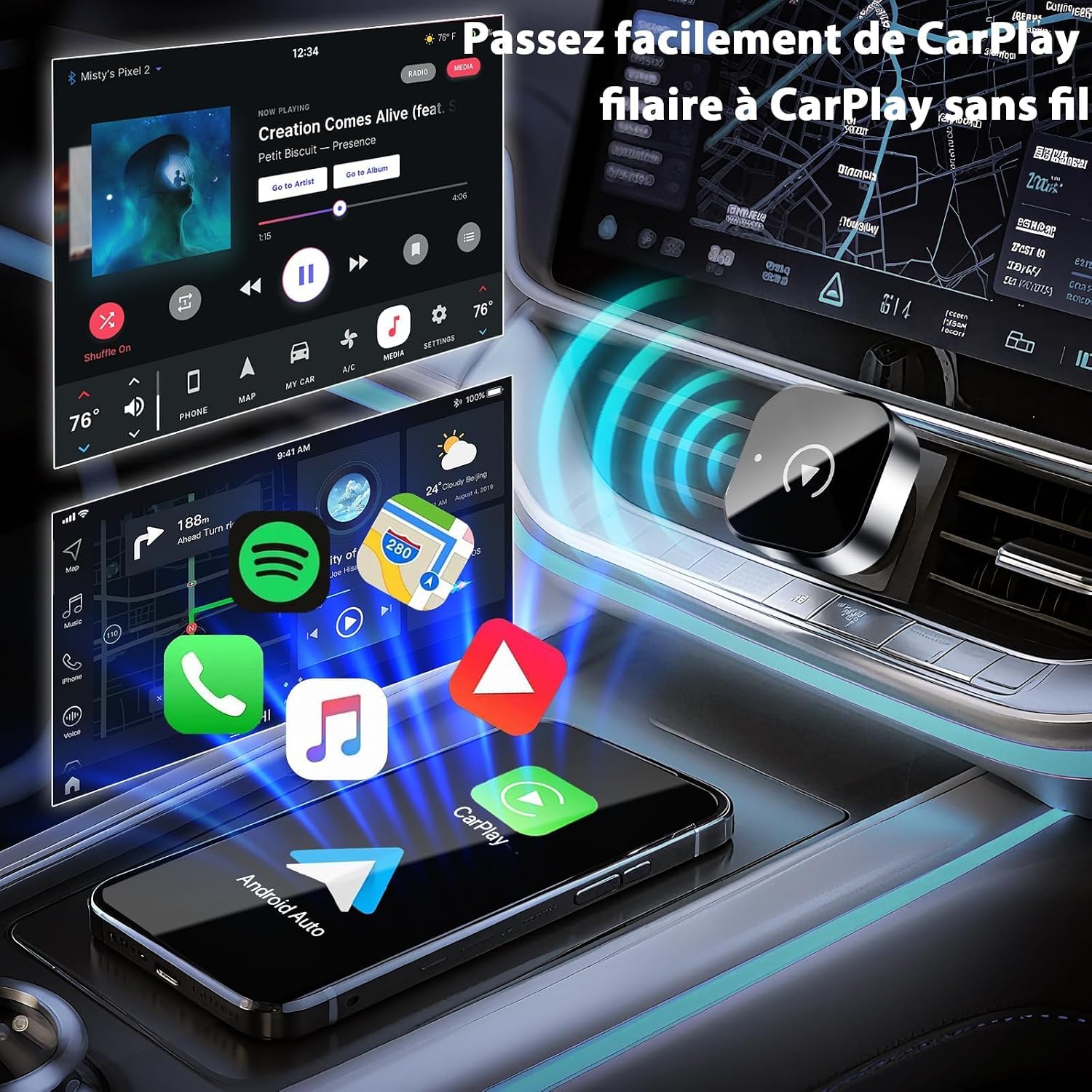 Thumbnail 2 de AINIFREE Adaptateur CarPlay sans Fil 2 en 1: Musique, Cartographie et Connexion sans Cable