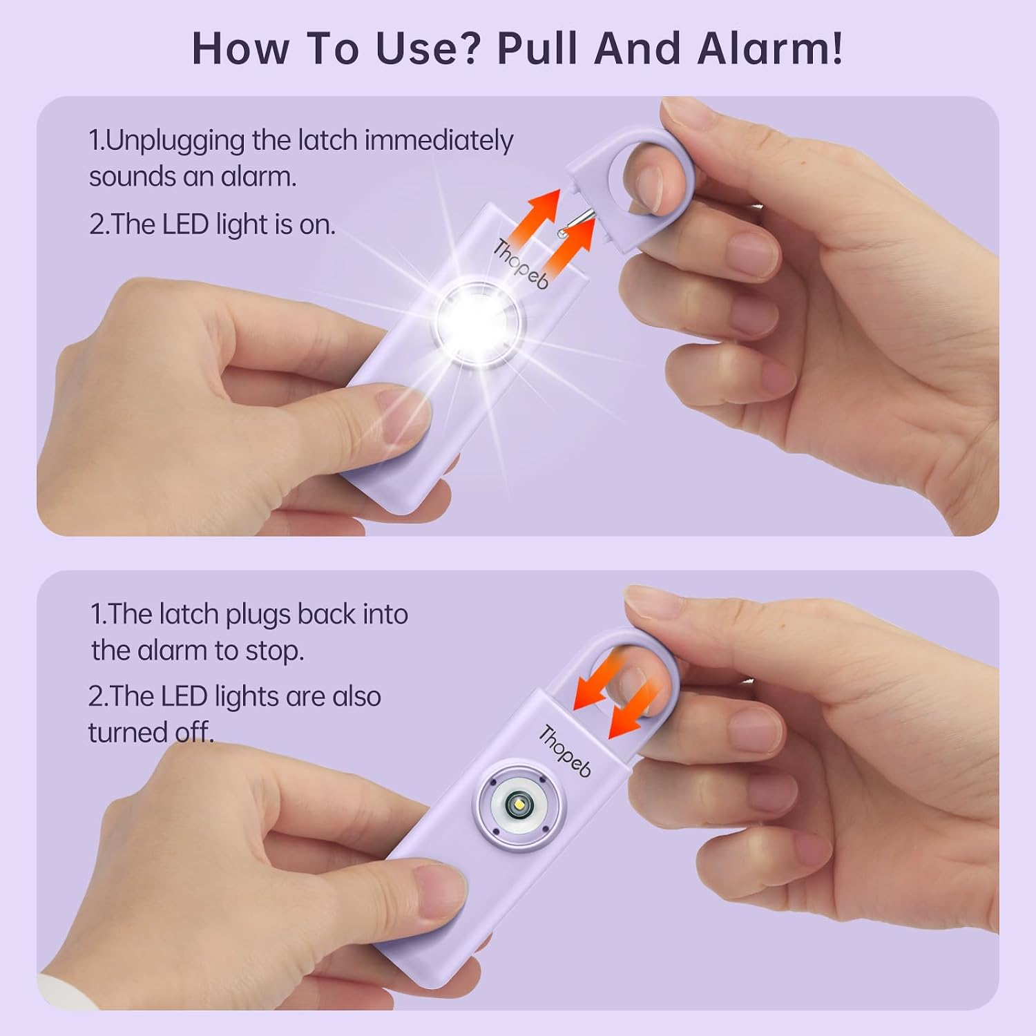 Detalle 2 de Der Original Persönlicher Alarm für Frauen – Schlüsselanhänger mit Sirene, 130 dB, LED-Stroboskop (lila)