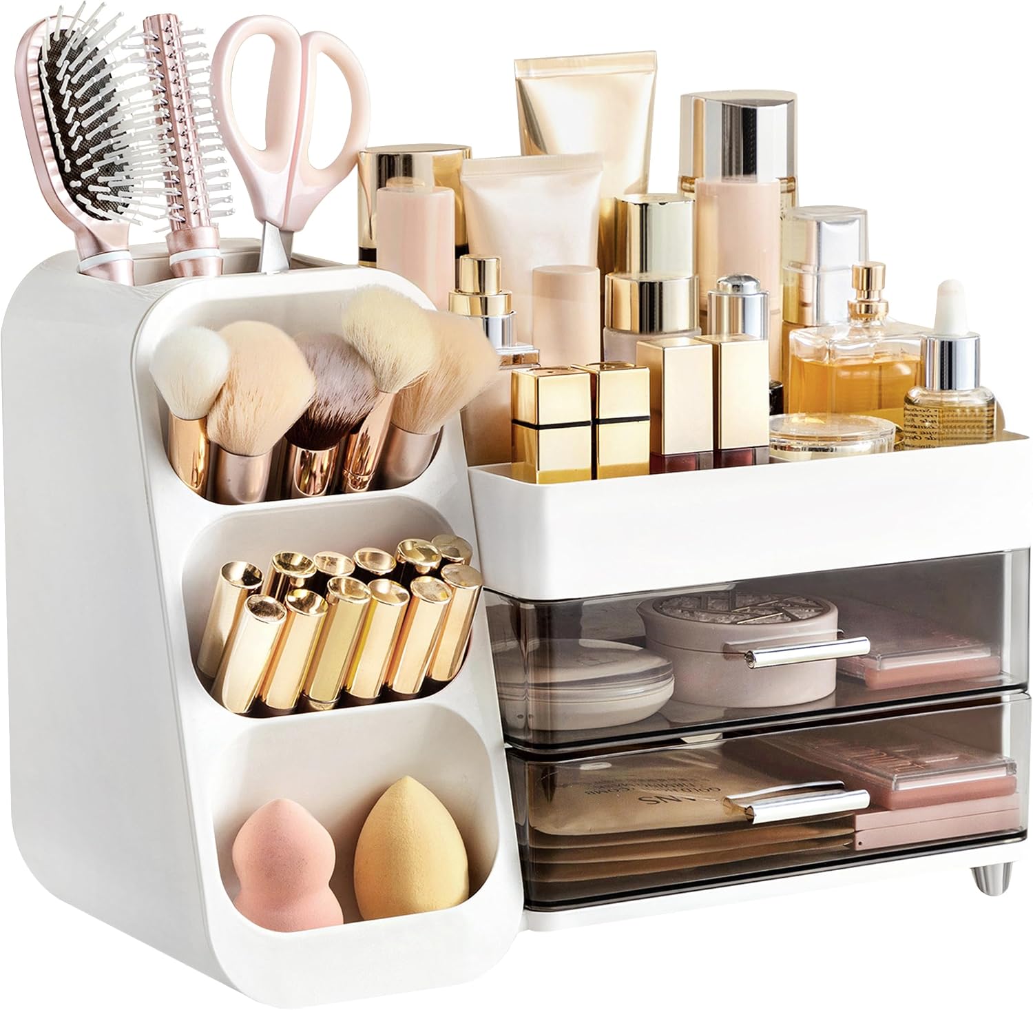 Detalle de HBlife Makeup Kosmetik Organizer mit Schubladen – 3-in-1 Aufbewahrung für Pinsel, Paletten und Flaschen