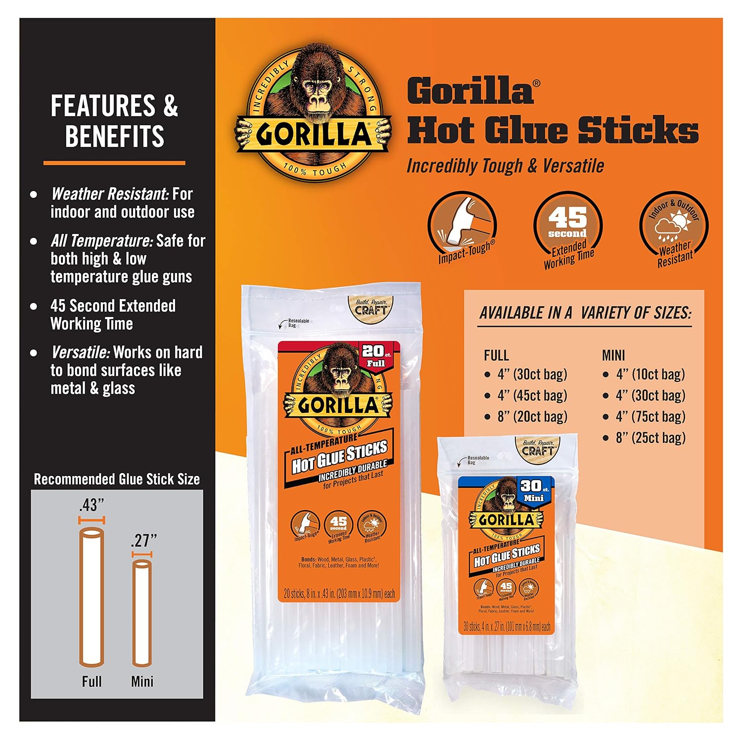 Detalle 2 de Gorilla 3027502 Mini Hot Glue Sticks, Clear, 4 in, 75 Count