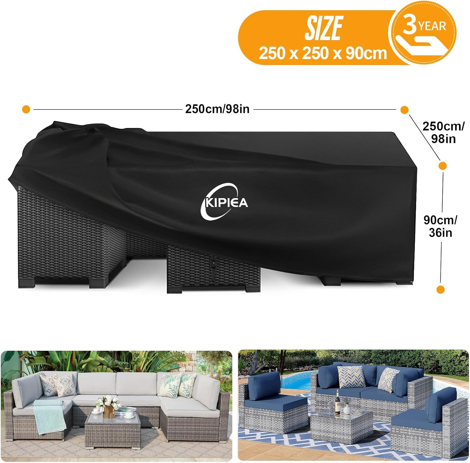 Thumbnail 1 de Kipiea Large Outdoor Garden Furniture Covers: 250x250x90cm, Waterproof & Windproof with 420D Oxford Fabric