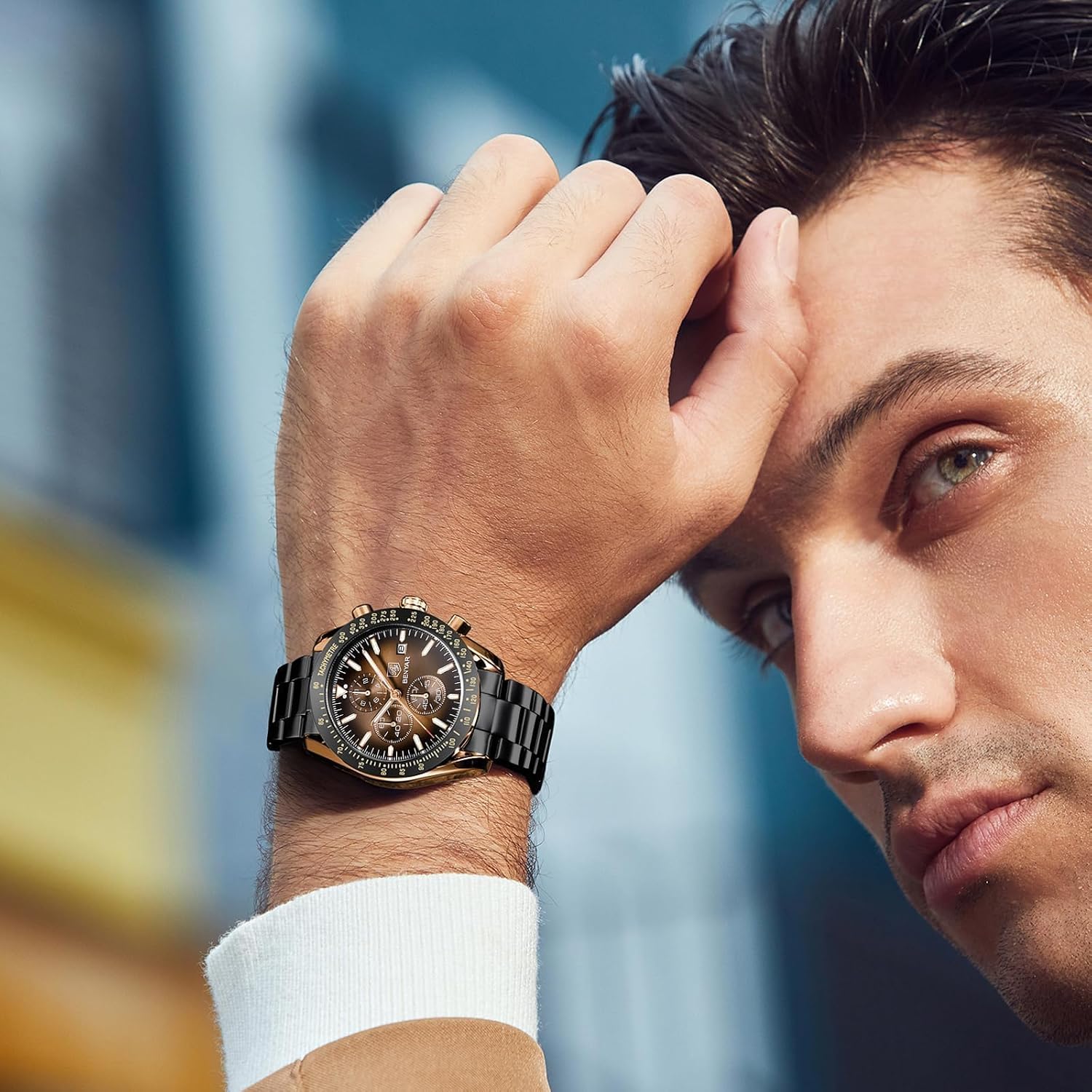 Detalle de Benyar Herrenuhr mit Lederband 45 mm Chronograph