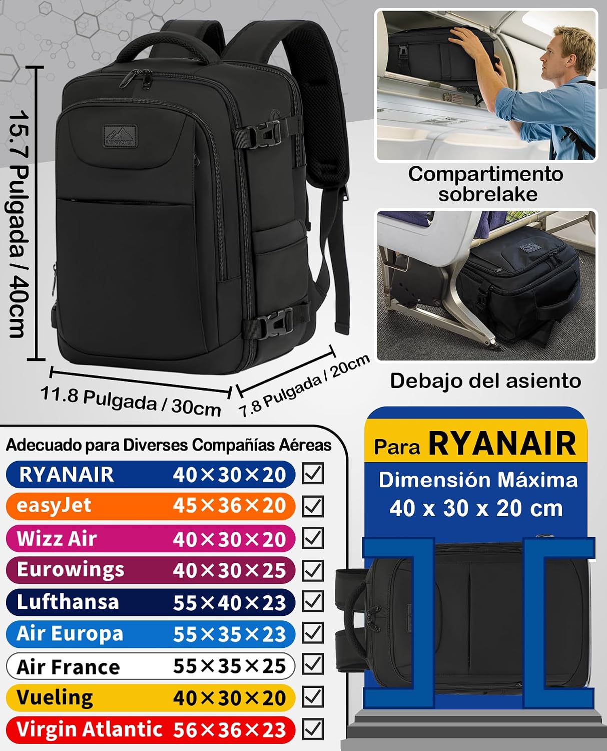 Thumbnail 1 de LYNXCHER Mochila 40x30x20 de cabina (24L) para viaje y portátil hasta 15,6”