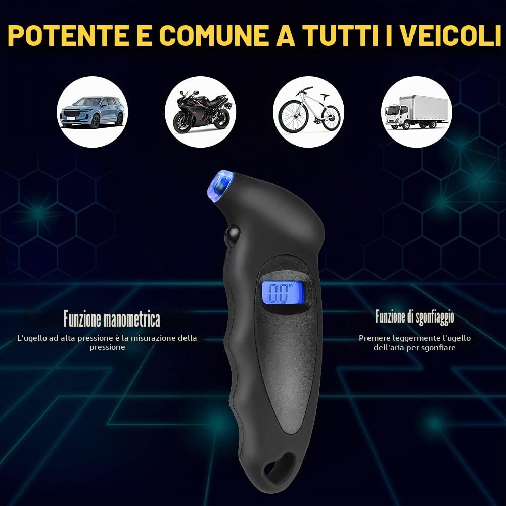 Detalle de URAQT Manometro Pneumatici Digitale: Party di precisione e LED per controllare pressioni su auto, moto e scooter