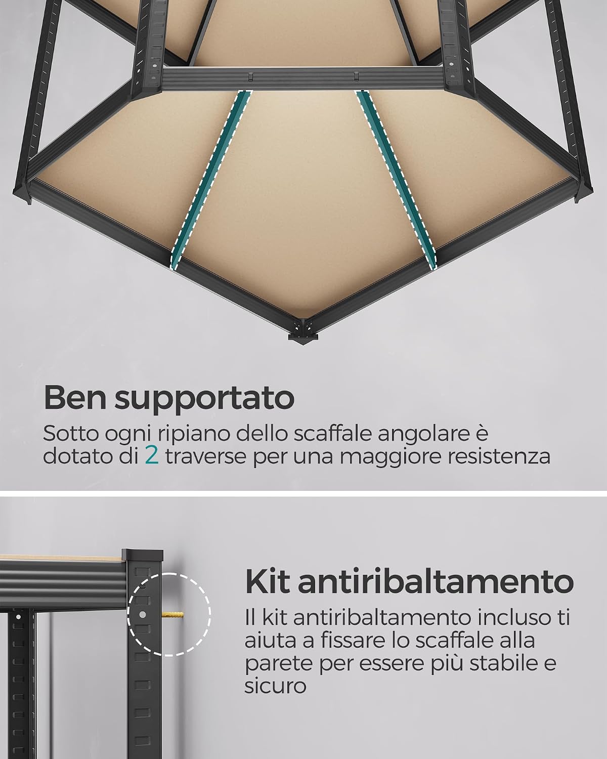 Detalle de SONGMICS GLR080B01 Scaffale angolare a 5 ripiani in acciaio, carichi fino a 875 kg (nero inchiostro e beige)