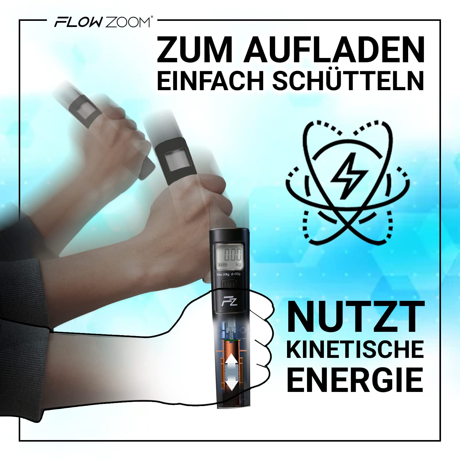 Detalle de FLOWZOOM Kofferwaage SHAKEE (ohne Batterie) – digitale Hängewaage mit Haken, TARA-Funktion und Transportbeutel, schwarz