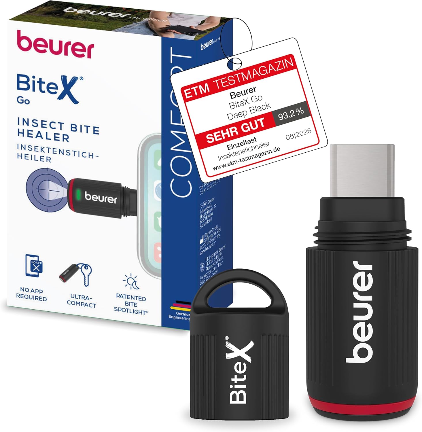 Detalle de Beurer BiteX Go Deep Black – Insektenstichheiler am Smartphone, USB‑C, Licht und zwei Programme