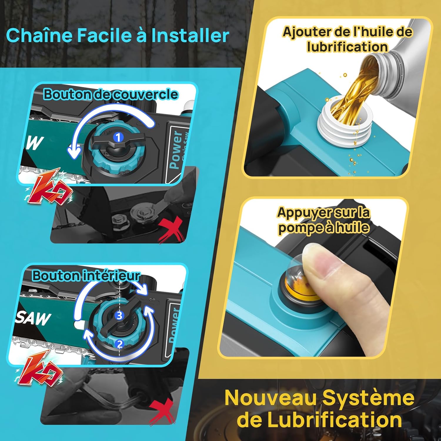 Detalle 2 de Mini Tronçonneuse à Batterie VIWKO 6'' (1000W) — sans fil, brushless, avec lubrification auto et deux batteries 4000mAh
