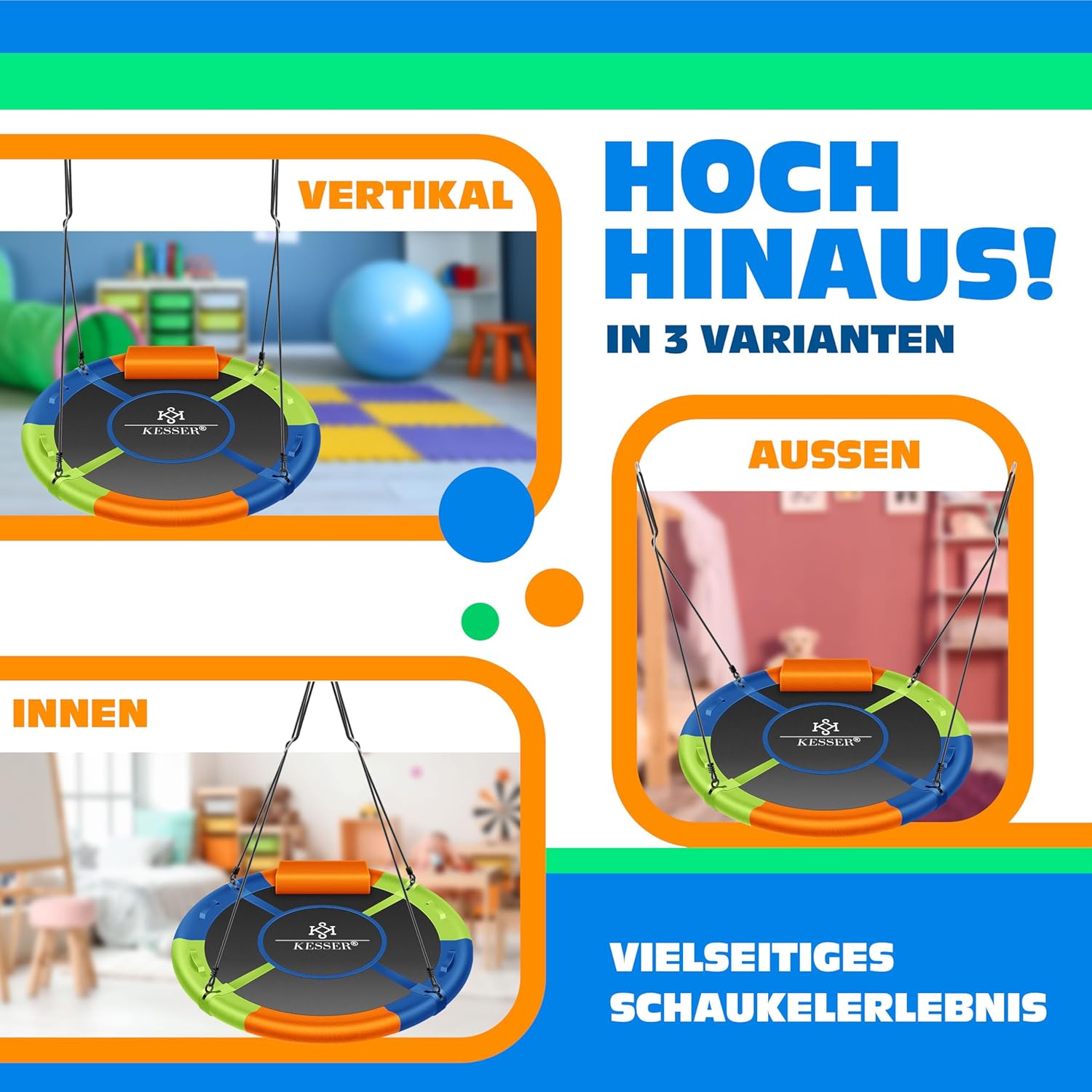 Detalle de KESSER Nestschaukel Tellerschaukel Ø120 cm – Rundschaukel mit Kissen, 4 Griffen, bis 300 kg belasten, Indoor & Outdoor