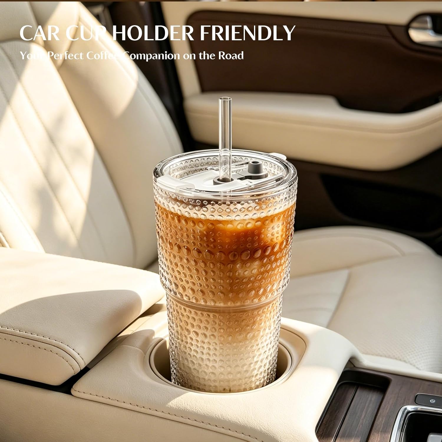 Detalle 2 de INSETLAN 20oz Hobnail Glass Cups with Lids and Glass Straws — 4 Pieces