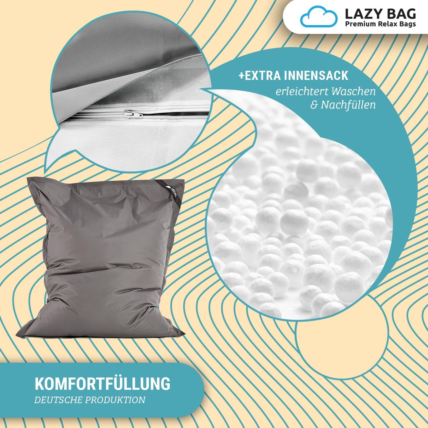 Detalle de LAZY BAG Riesen-Sitzsack Classic XXL 140x180 cm – 2-in-1 Sofa zum Sitzen oder Liegen