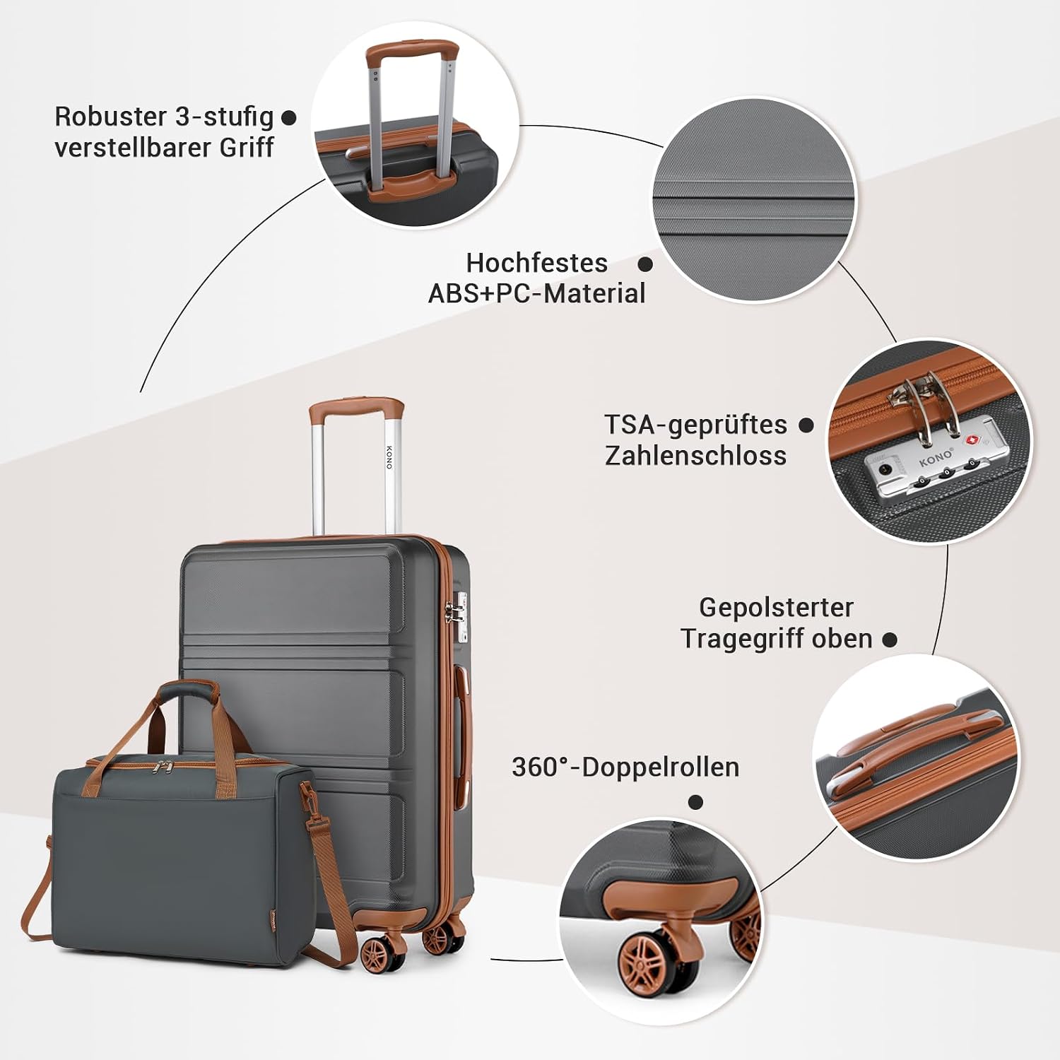 Thumbnail 2 de KONO 55cm Handgepäck-Koffer Trolley Set 2-teilig – Kleiner Koffer + Ryanair Reisetasche, Grau/Braun