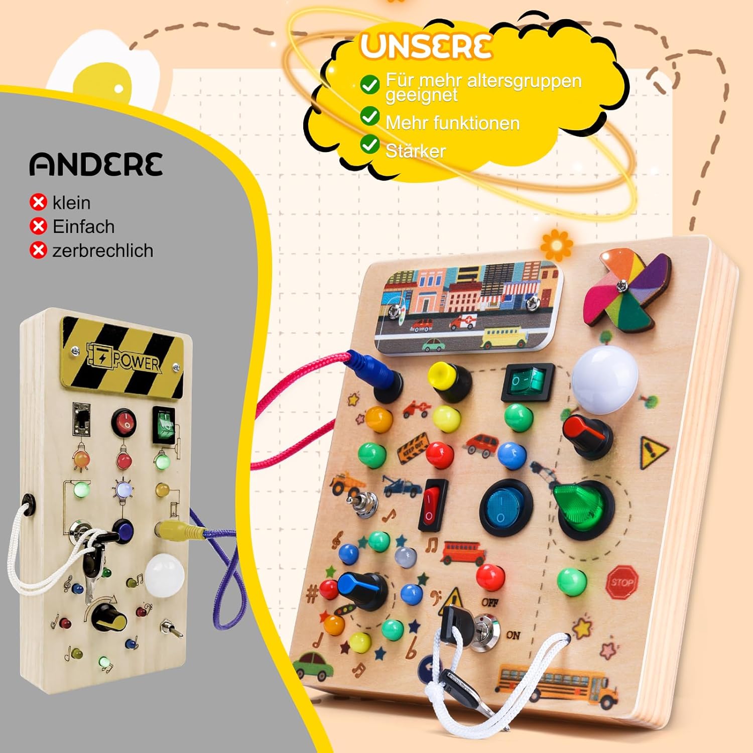 Detalle de Nauotk Busy Board in Legno Montessori con 19 LED e 26 lettere