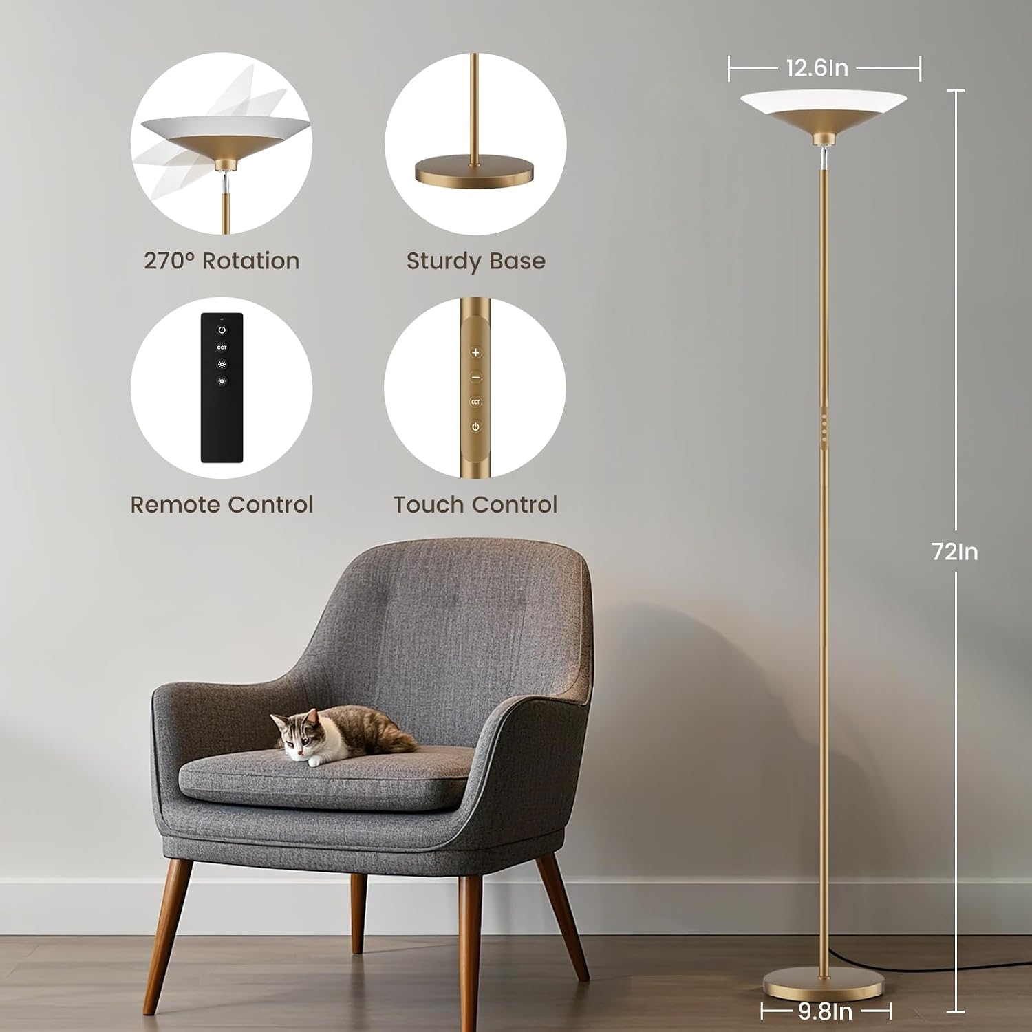 Detalle de SIBRILLE 72-Inch Torchiere Floor Lamp, Dimmable LED with Remote