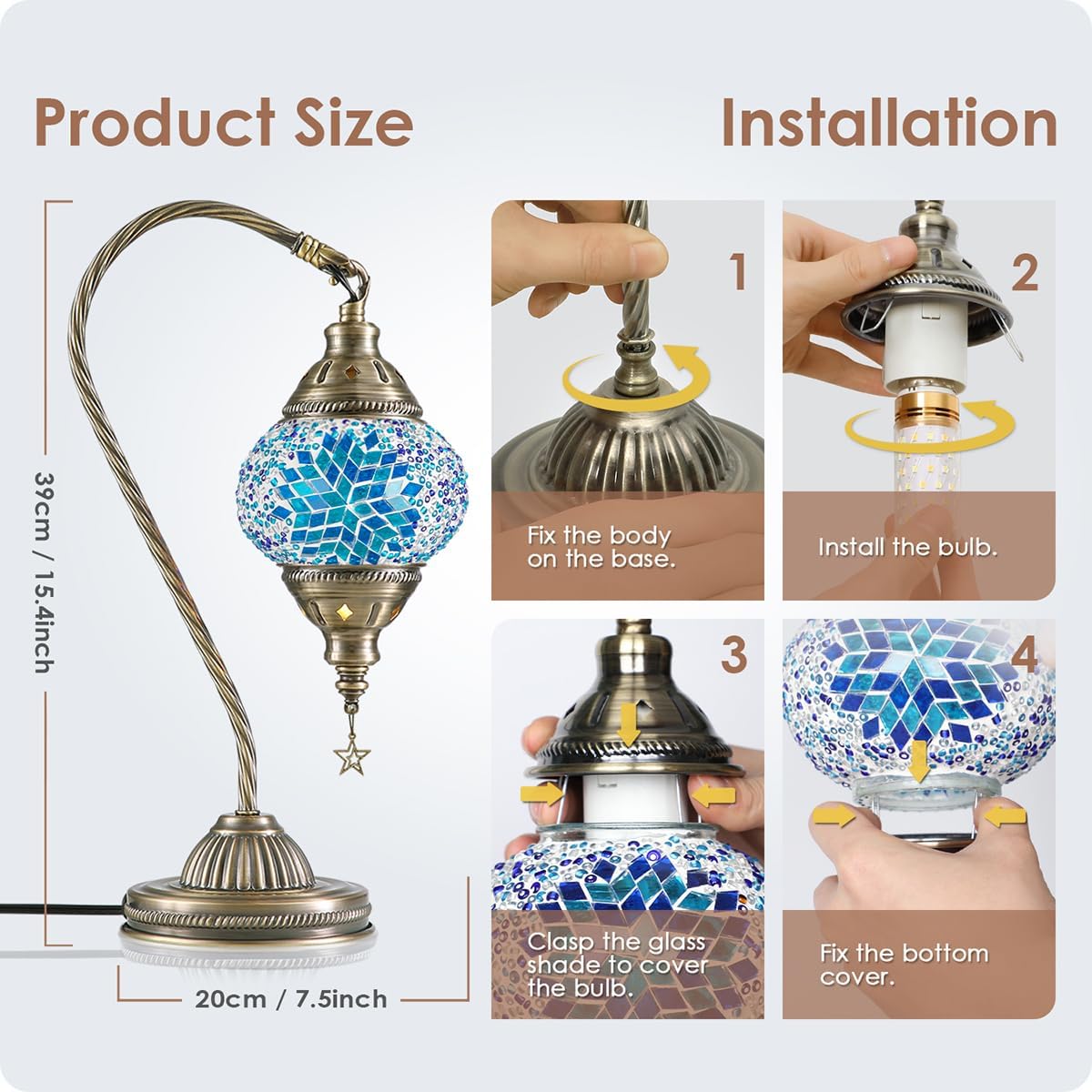 Detalle 2 de Yarra-Decor TD-006R Moroccan Table Lamp, Mosaic Glass Shade and Bronze Base
