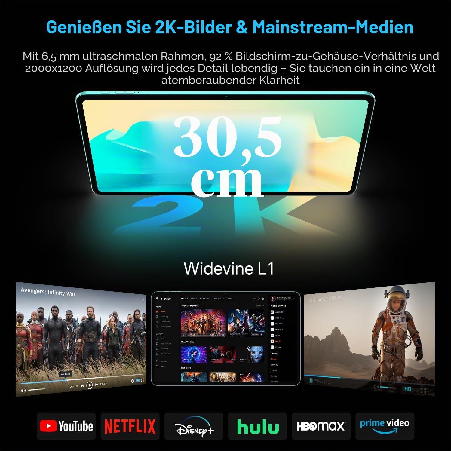 Detalle de ODEA Tablet 12 Zoll 2K Display mit Stift und Hülle – 8000 mAh, 128 GB, erweiterbar bis 2 TB, GPS & Gemini AI