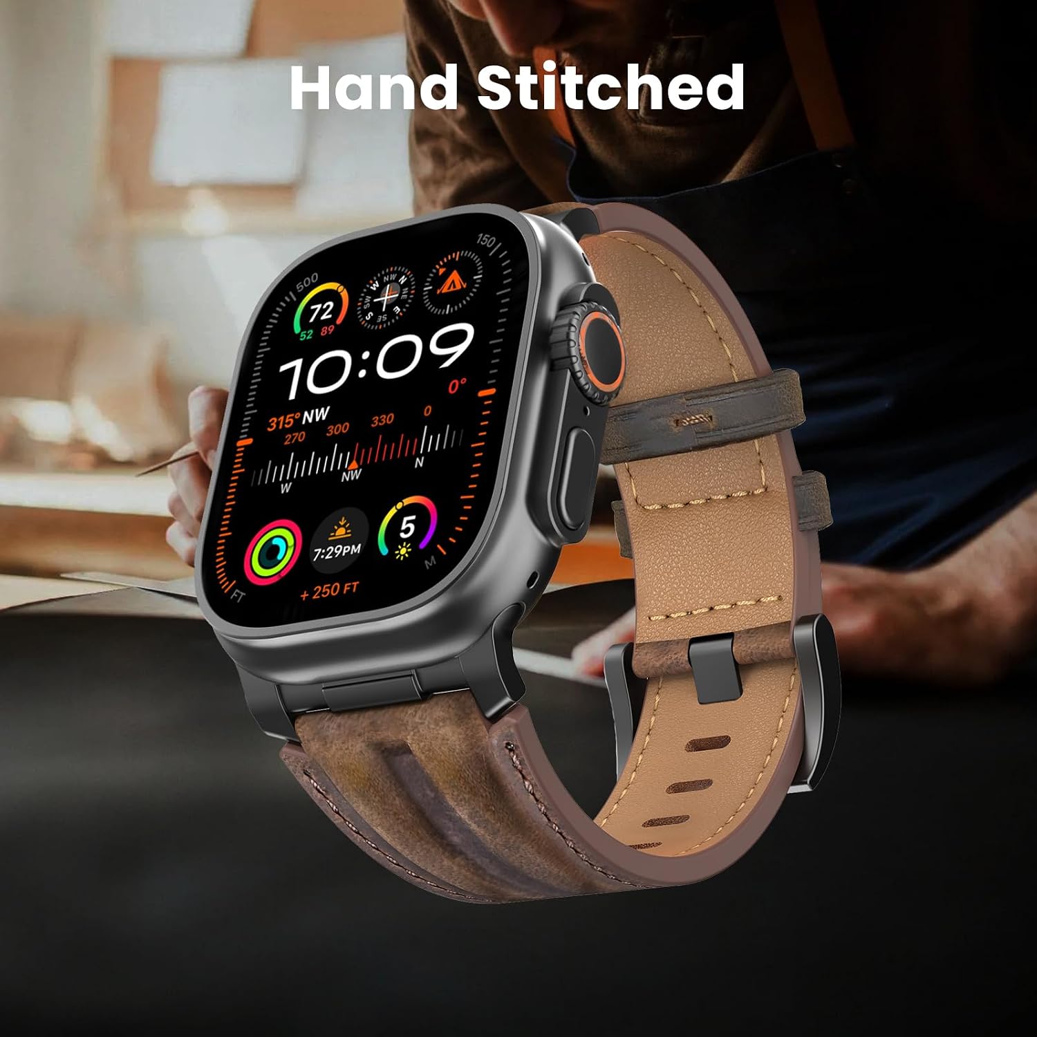 Detalle de Bouixel Top Grain Leather Strap for Apple Watch Ultra & Series (42–49mm) with Rugged Metal Connector