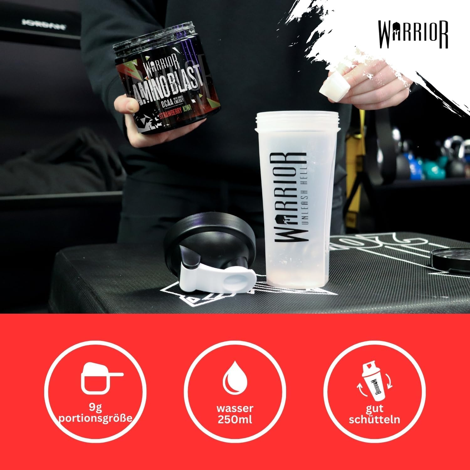 Thumbnail 4 de Warrior Amino Blast BCAA 270 g (30 Portionen) – zuckerfreier Energy-Drink mit BCAA, Glutamin & Taurin (Erdbeere-Kiwi)