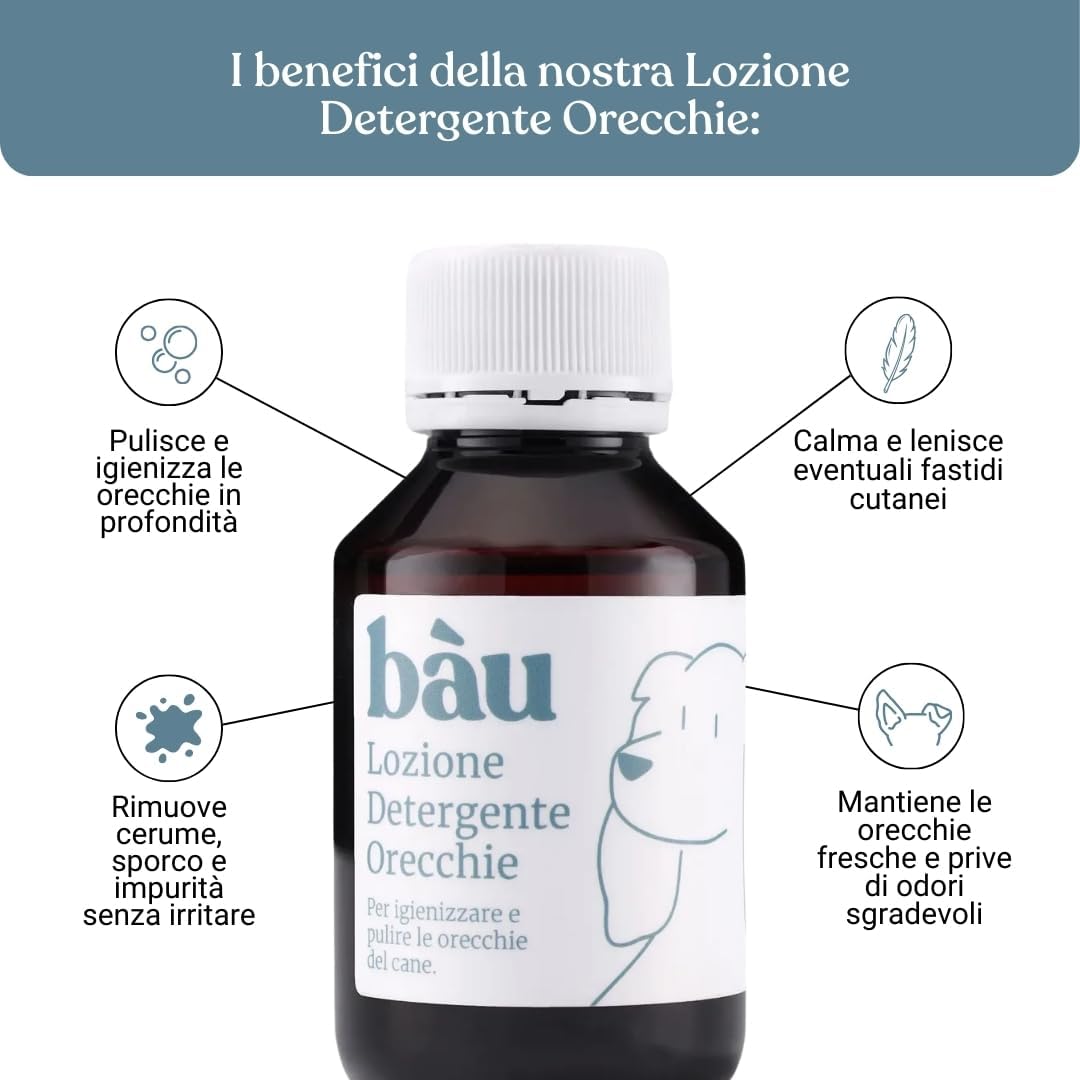 Detalle 2 de Bau Pulizia Orecchie Cane Delicata con Aloe Vera, Camomilla e Calendula – Detergente per Orecchie