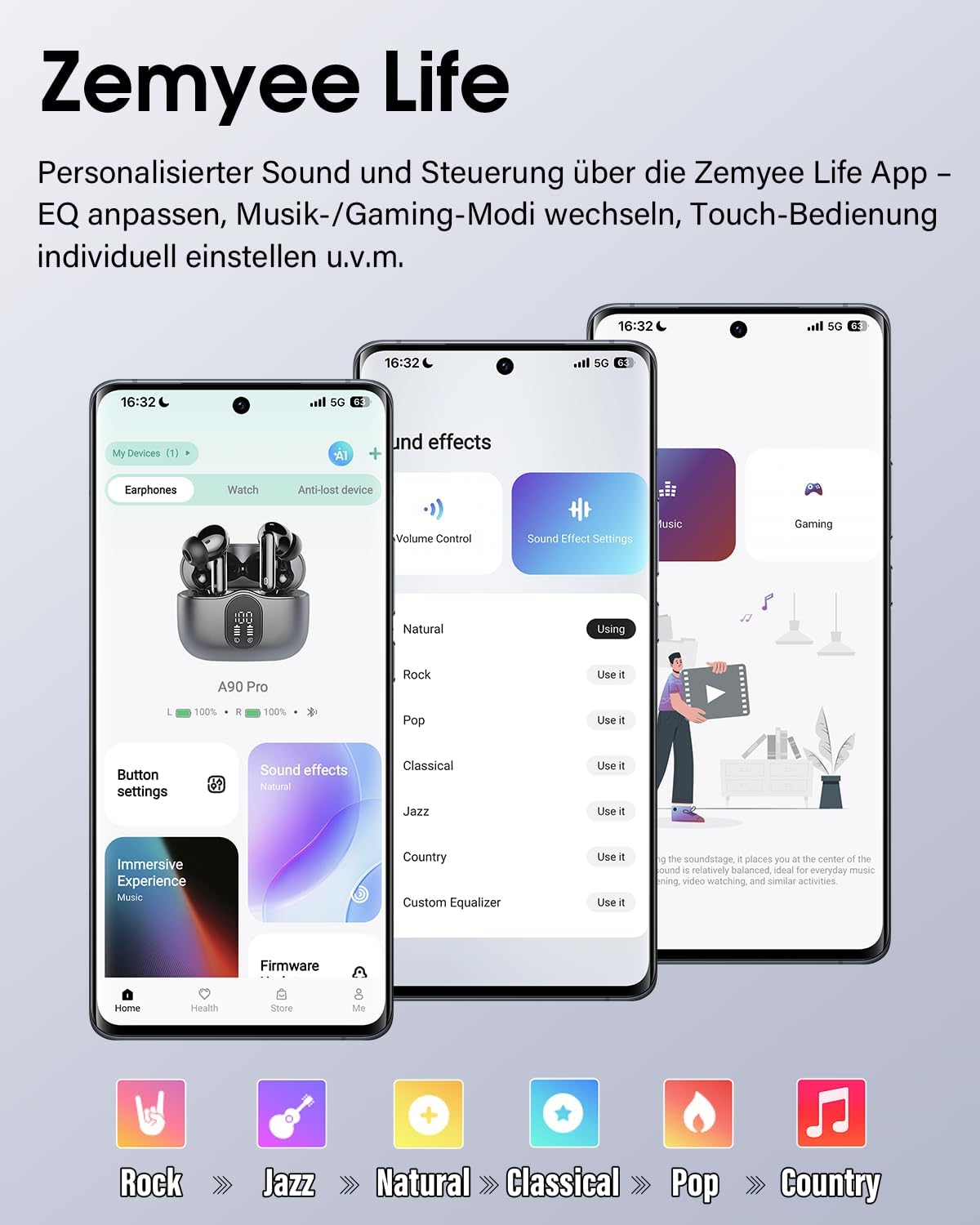 Thumbnail 1 de Btootos Bluetooth Kopfhörer mit App-Steuerung, 14,2 mm Treiber, IP7, 40 h Ladecase – In Ear, Schwarz