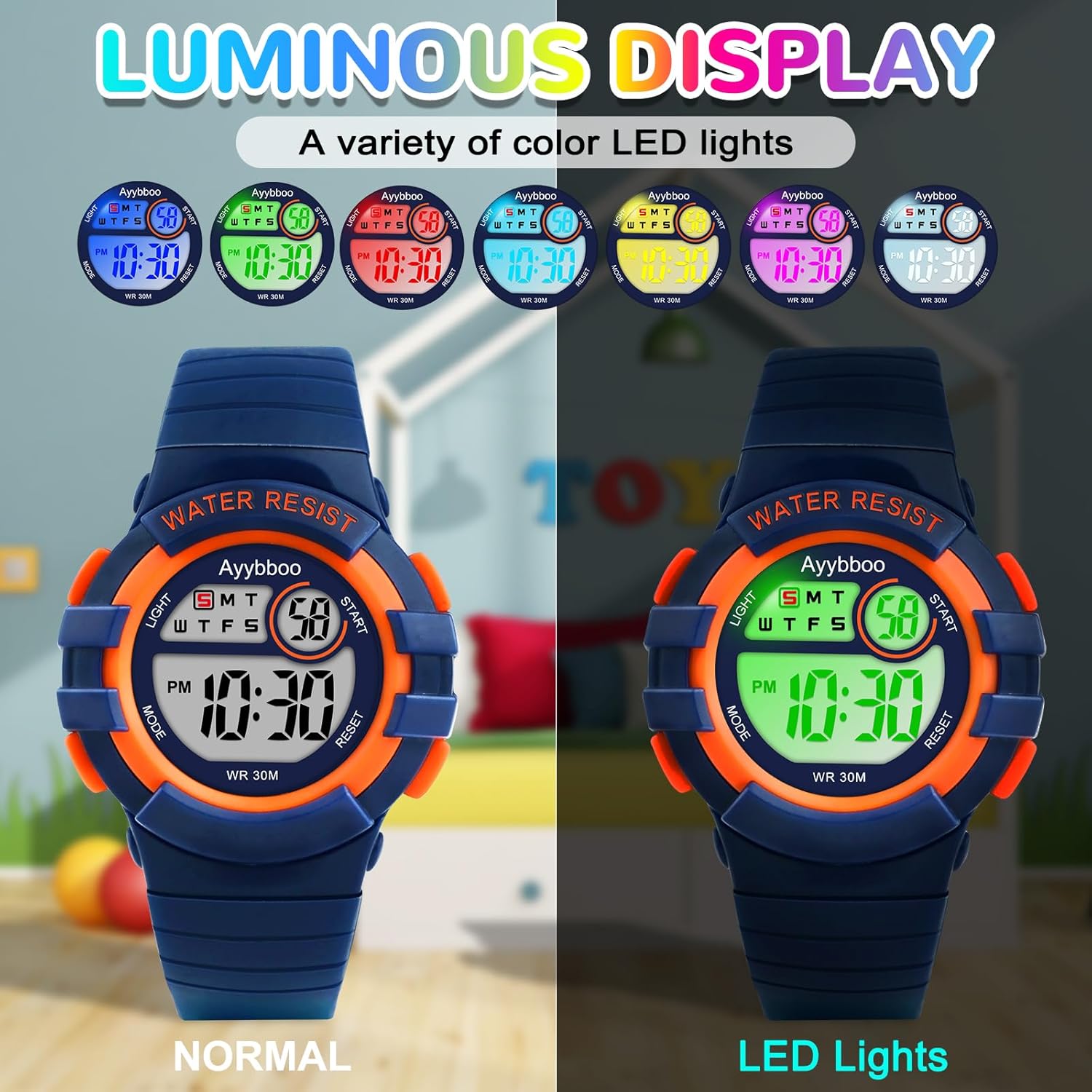 Detalle 2 de Ayybboo Montre Enfant Numérique – LED 7 couleurs, étanche 30m, alarm et chronomètre, cadeau idéal