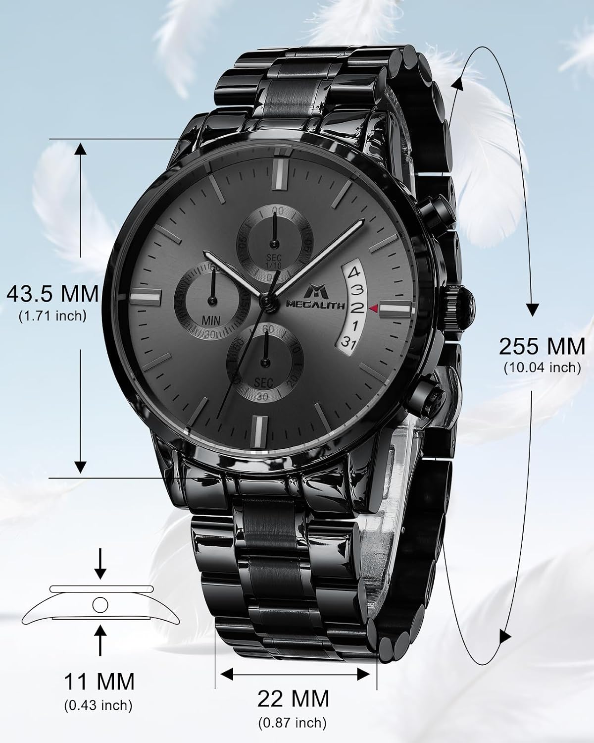 Thumbnail 6 de MEGALITH Herrenuhr aus Edelstahl mit Chronograph – großes Ziffernblatt, leuchtendes Datum, wasserdicht 3ATM