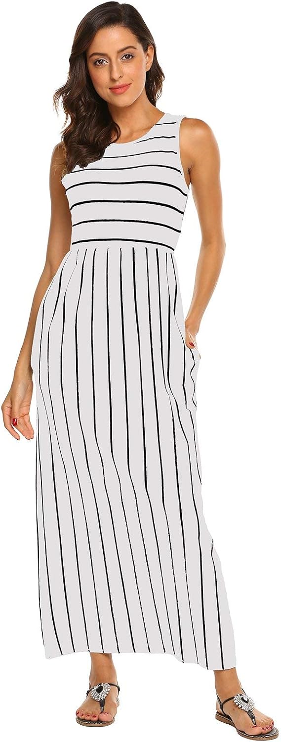 Detalle de BDTECAOR Maxikleid Damen Sommer Boho – Strandkleid mit elastischer Taille und Taschen