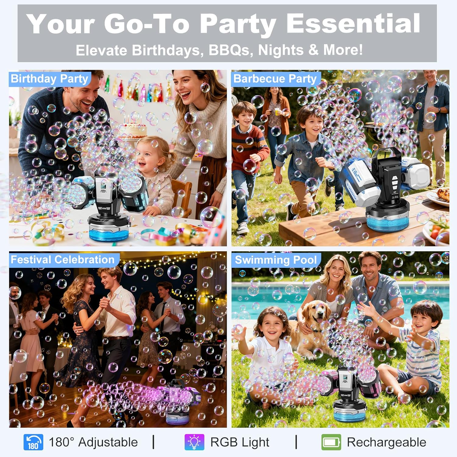 Thumbnail 6 de Rechargeable Bubble Machine with RGB Lights: 30,000 Bubbles per Minute, 360° Coverage, and Remote Control