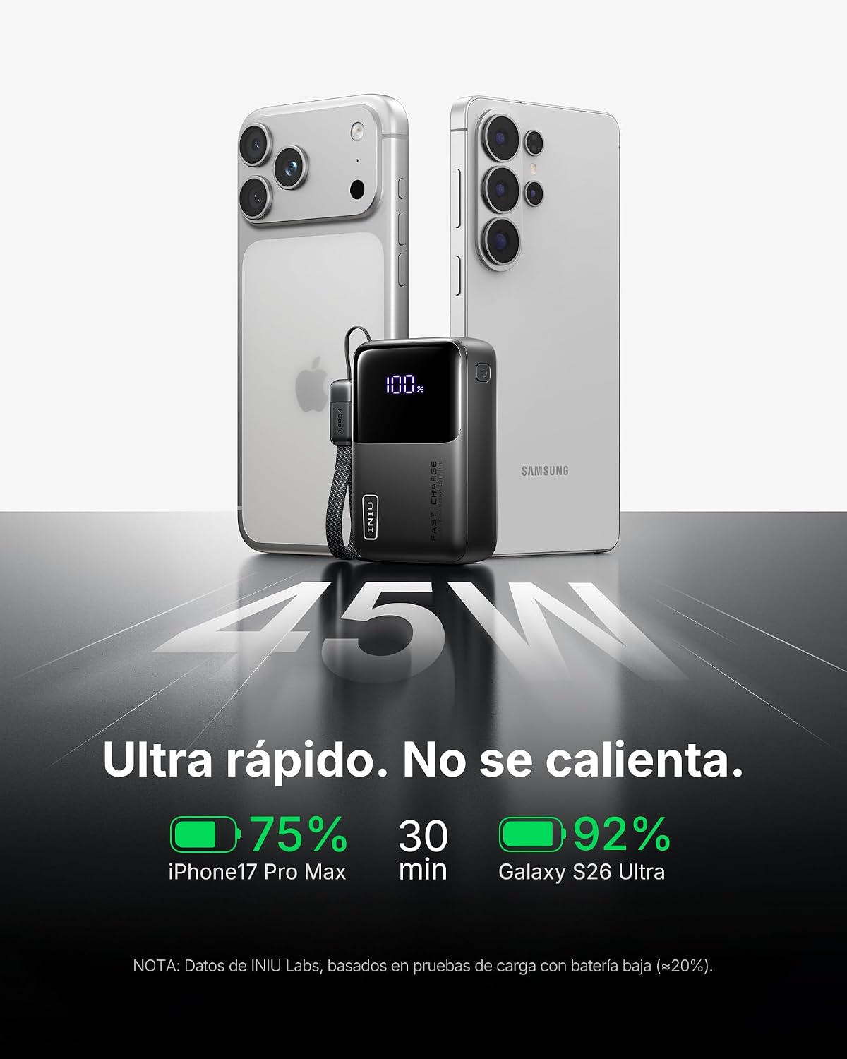 Detalle de INIU Power Bank Ultra Mini 45W 10000mAh: potencia real en tamaño reducido