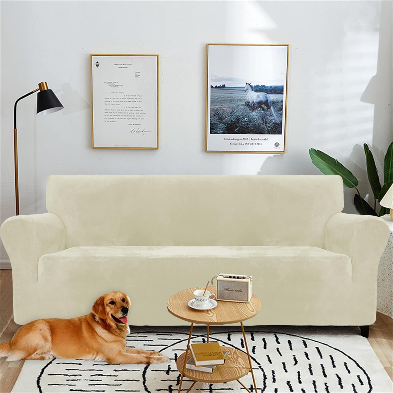 Detalle de YSTELLAA Housse de canapé en velours 2 places universelle beige avec accoudoirs