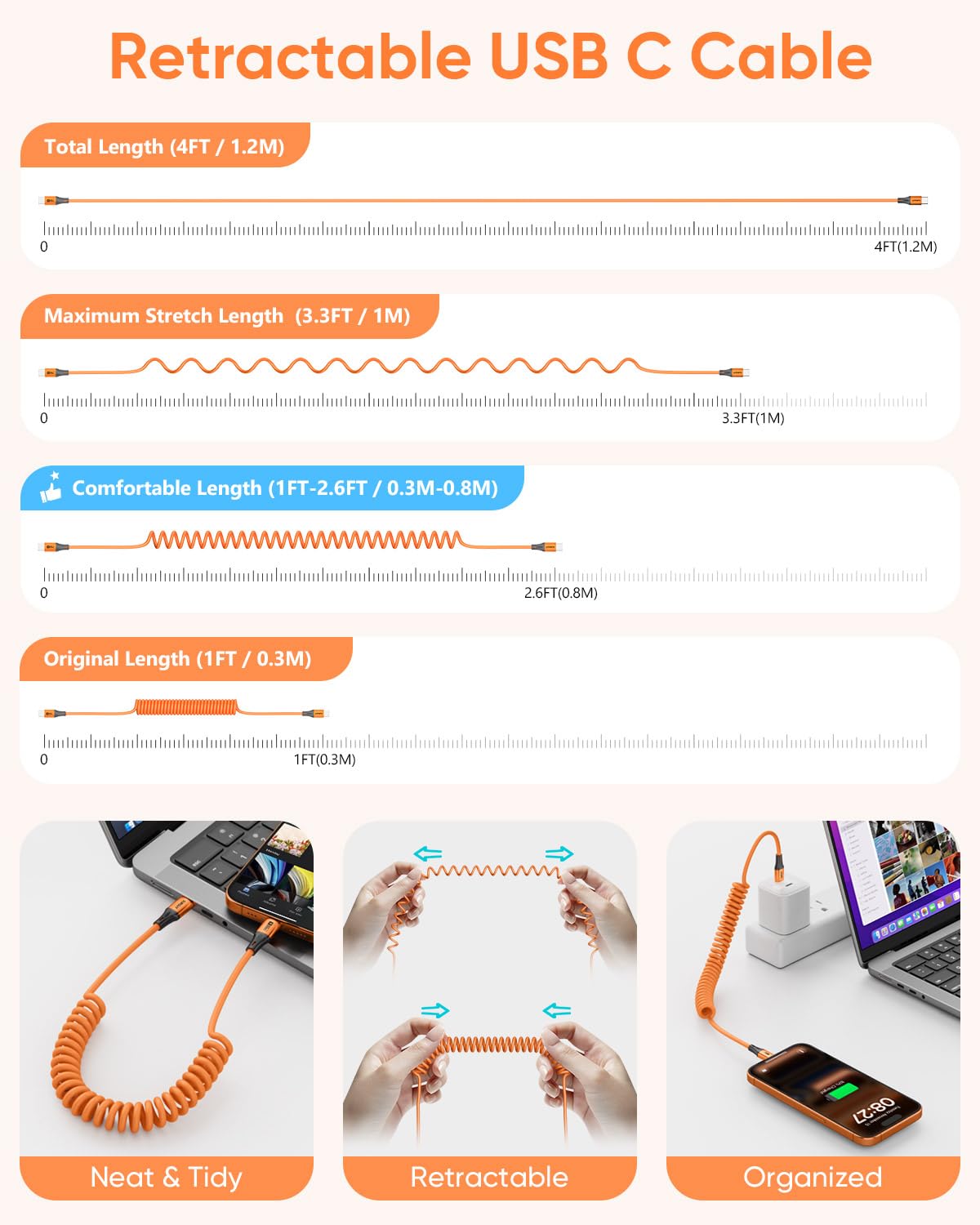 Thumbnail 1 de SUNGUY USB-C auf USB-C Spiralkabel (1,2 m) mit 60 W und 480 Mbit/s – orange