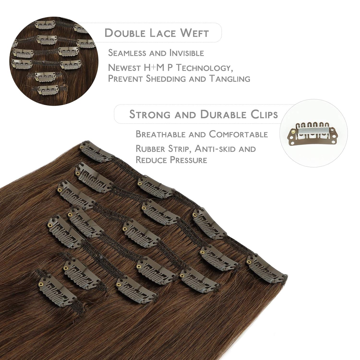 Detalle de WENNALIFE Clip-in Echthaar Extensions, 45 cm / 18 Zoll, 7 Teile, 120 g – Schokoladenbraun